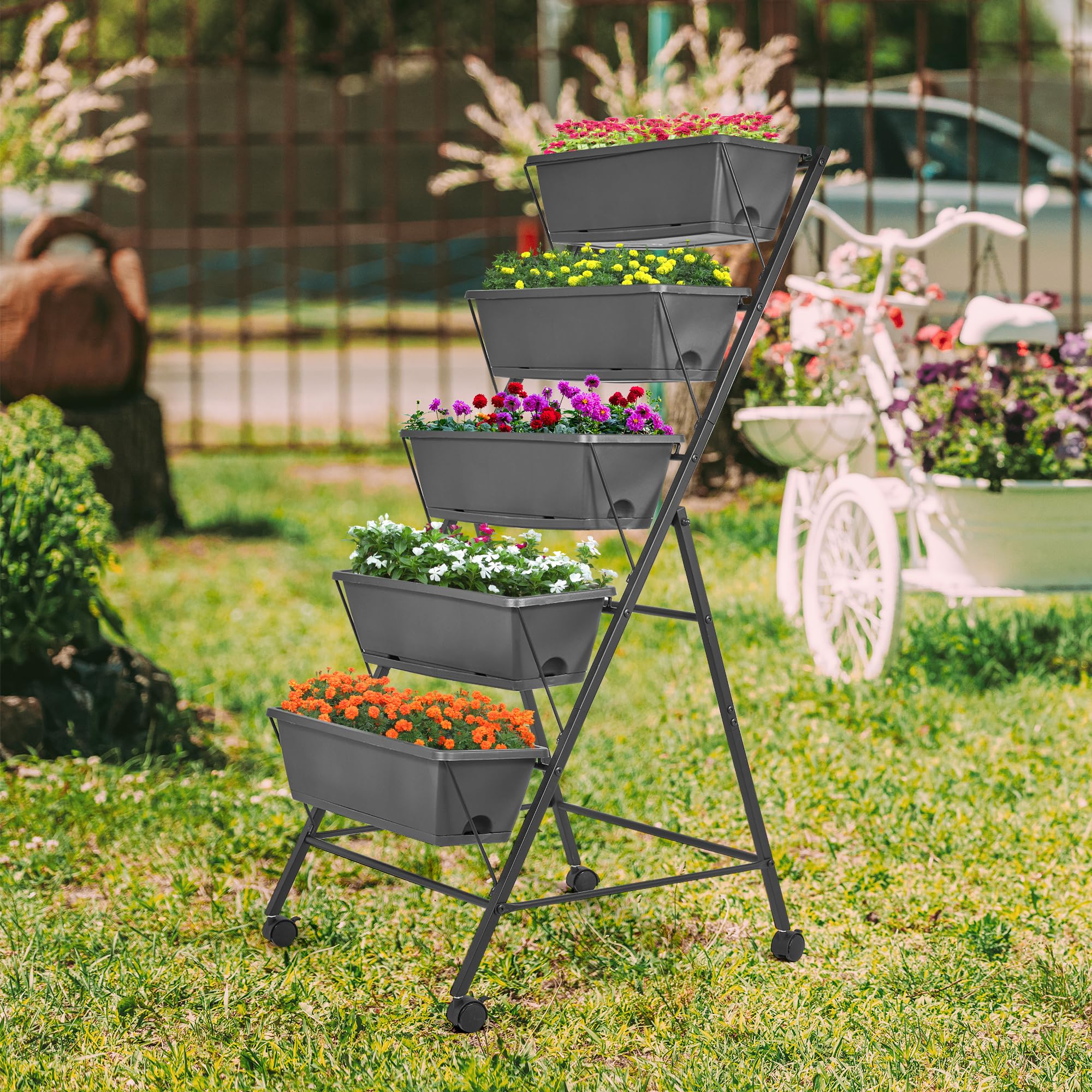 GENMOUS 5-Tier Vertical Raised Garden Bed - 45FT Tall Elevated Planter Box with Drainage Holes & Removable Tray - Outdoor Herb Flower Stand for Patio, Balcony, Porch - Perfect for Small Space Gardening, Urban Farming & Homegrown Vegetables (Black)