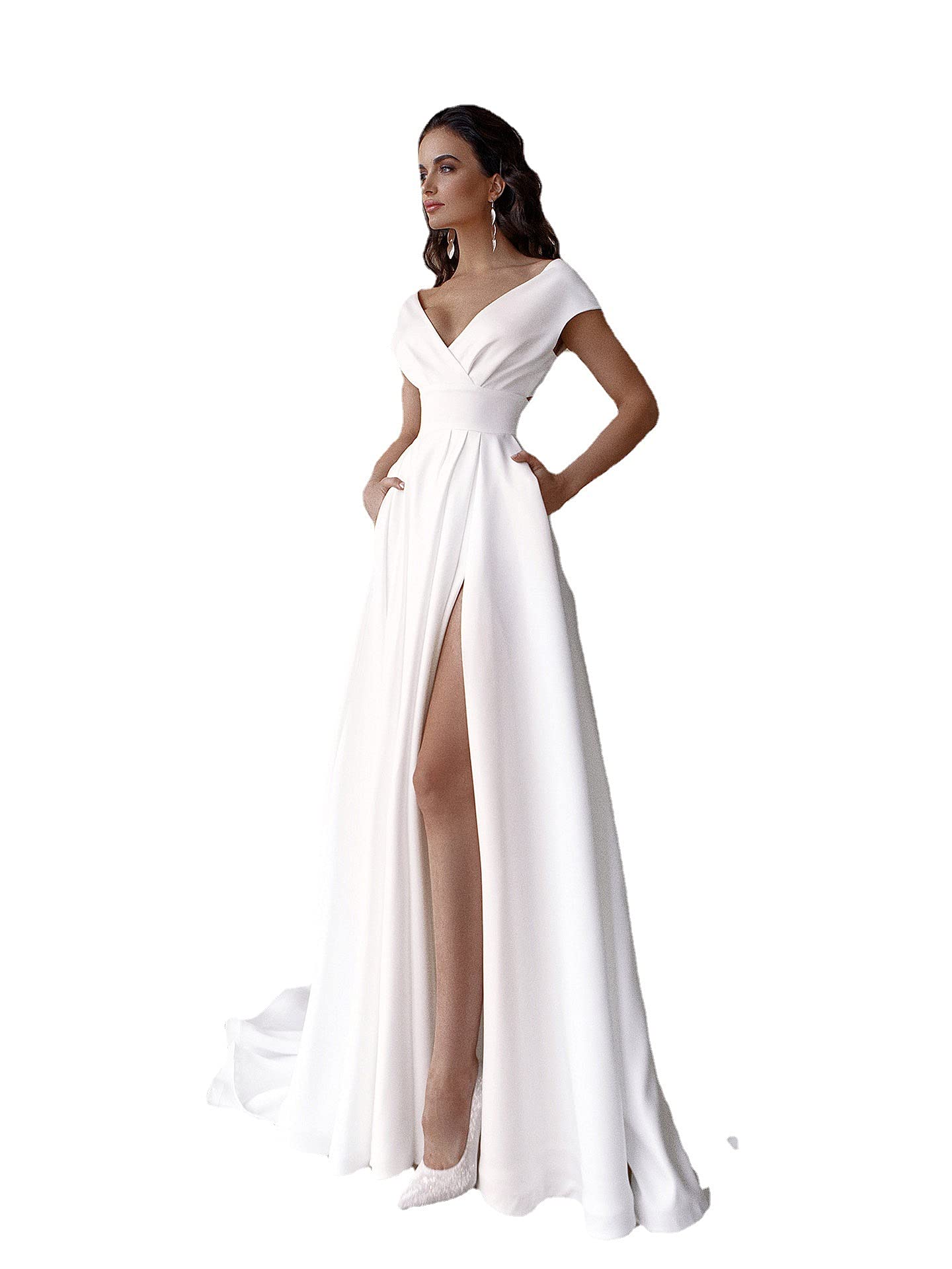 Elegant White Deep V Neck Evening Dress for Women - Wedding, Party & Bridesmaid Gown | Perfect for Formal Events, Prom & Special Occasions