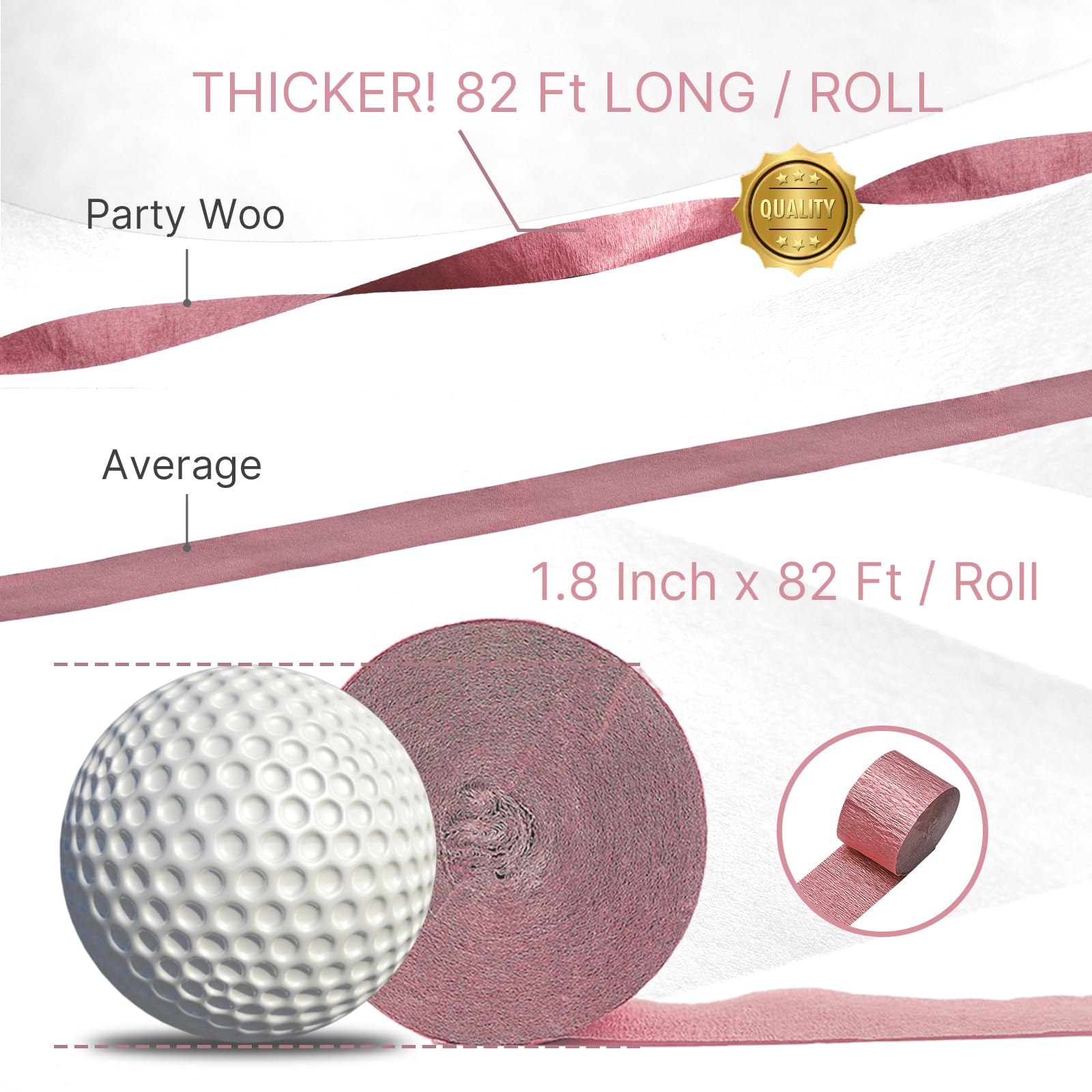 PartyWoo Metallic Rose Gold, Pink & Dusty Pink Crepe Paper Streamers - 6 Rolls (492ft Total) for Bridal Shower, Bachelorette Party & Wedding Decorations - Perfect for Ceiling Decor, Photo Backdrops & DIY Party Supplies (1.8