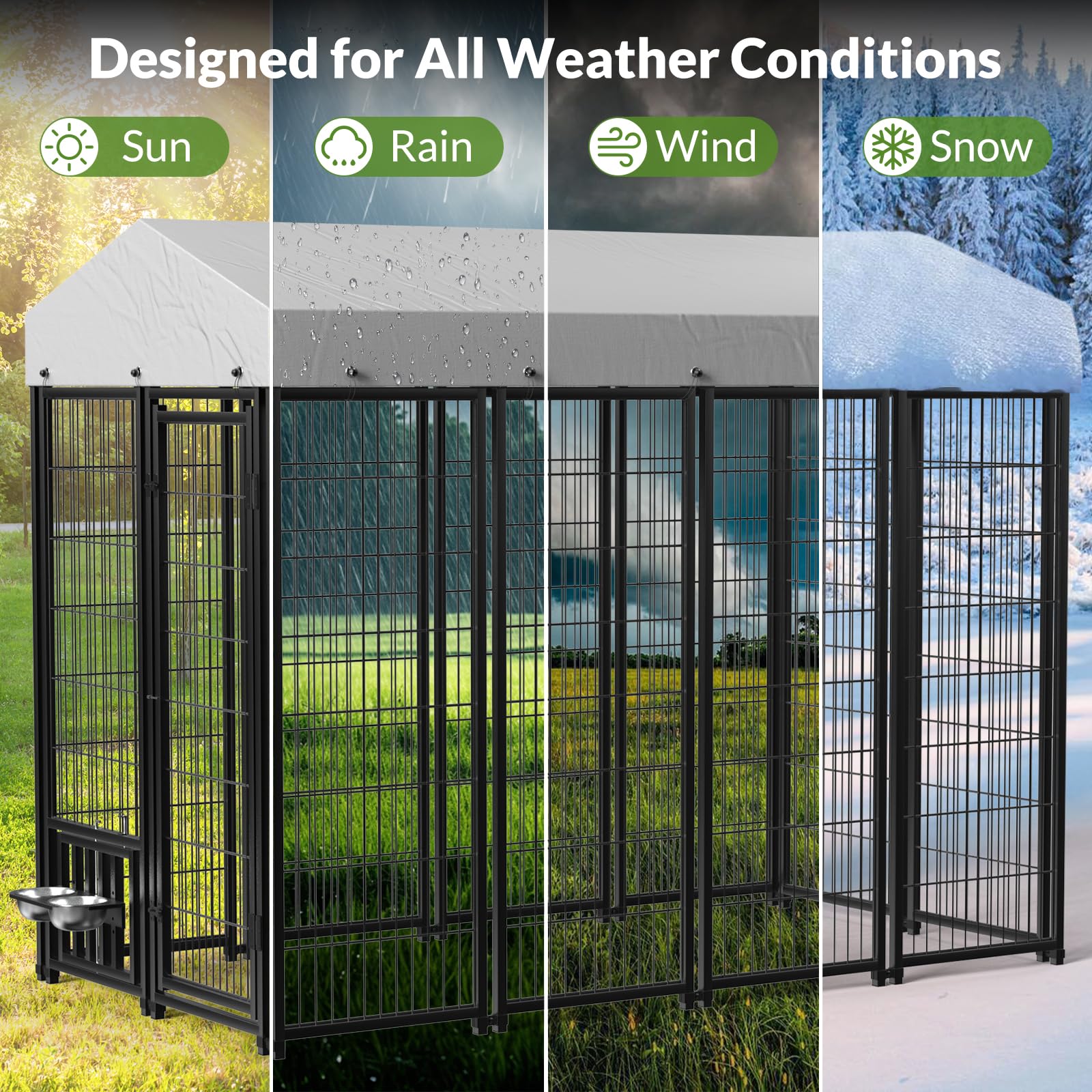 Rovibek Waterproof & Sun-Resistant Outdoor Dog Kennel with Roof - Covered Dog Run Enclosure Includes Feeding Bowls - Perfect for Backyard, Patio & Camping Use