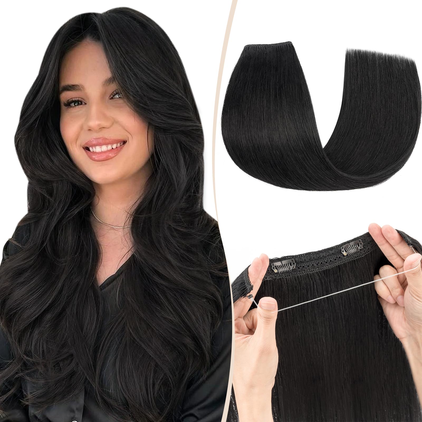 Benehair 16 Inch Halo Hair Extensions - 100% Real Human Hair, Invisible Wire & Fish Line, Dark Black, 65g | Perfect for Parties, Weddings, and Everyday Styling