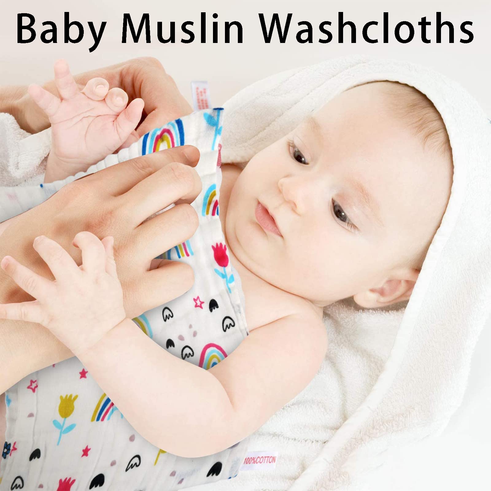 10Pcs Baby Muslin Washcloths - Super Soft & Absorbent Cotton Face Cloths for Newborns - Gentle Reusable Washable Squares for Baby Bath, Feeding & Diaper Changing - Perfect Baby Shower Gift (Random Patterns) - Ideal for Nursery, Travel & Daily Care