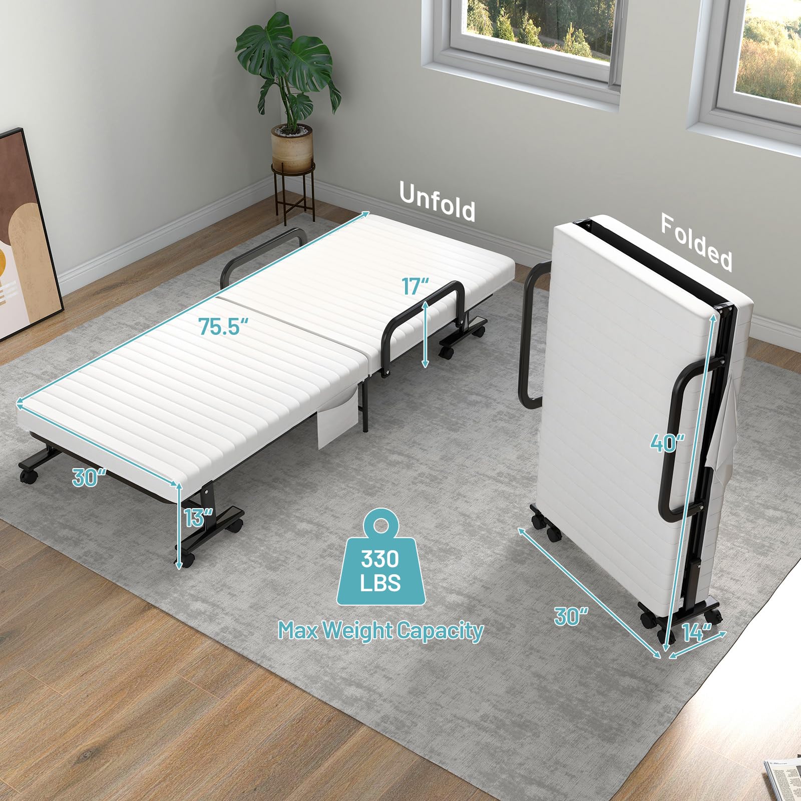 KOMFOTT Folding Rollaway Bed with Mattress for Adults & Guests - 6 Position Adjustable Backrest, Reinforced Steel Frame, Side Storage Pocket (75.5