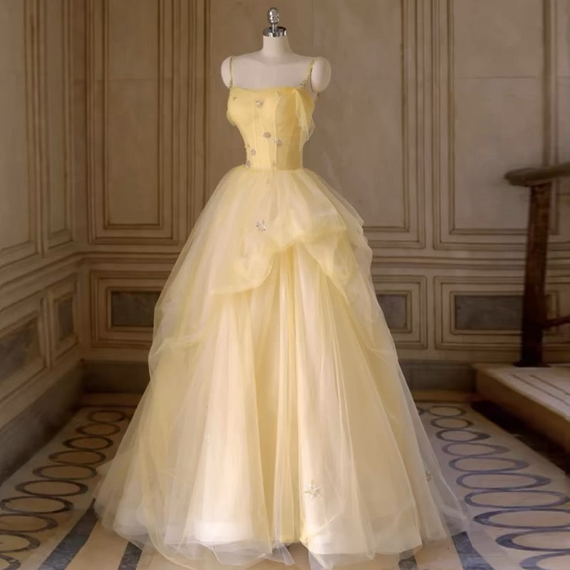 Elegant A-Line Yellow Long Prom Dress with Tulle Skirt - Perfect for Birthday Parties, Homecoming, and Formal Events - Style J3369