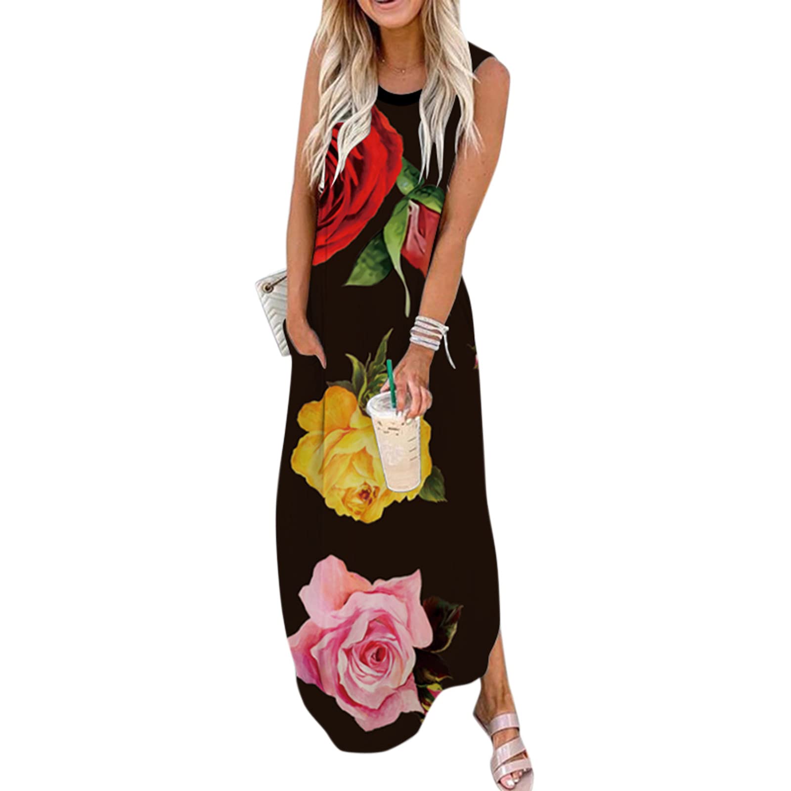 Women's Summer Maxi Dresses - Casual Floral Print Long Dress, Loose Fit Sleeveless Sundress with Pockets | Beach Vacation, Outdoor Party, Date Night Outfit
