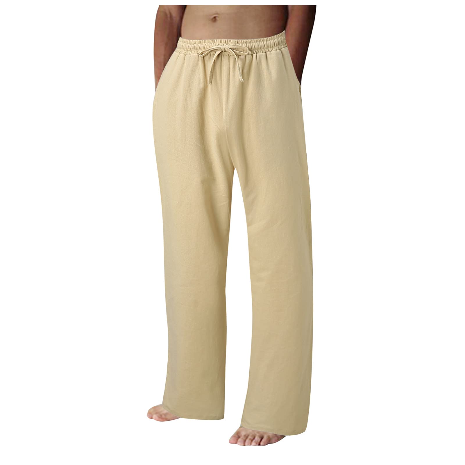 Breathable Cotton Men's Casual Summer Pants - Solid Color Lace-Up Trousers with Pockets | Perfect for Outdoor Activities, Travel & Daily Wear