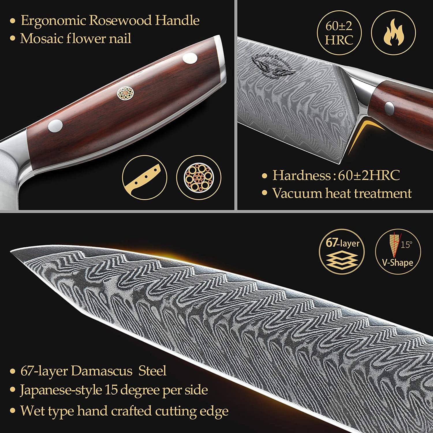 7-Piece Professional Damascus Steel Kitchen Knife Set with Wooden Block - Chef Knife, Santoku, Bread & Utility Knives for Cooking, Slicing & Food Prep | Perfect for Home Chefs & Professional Kitchens