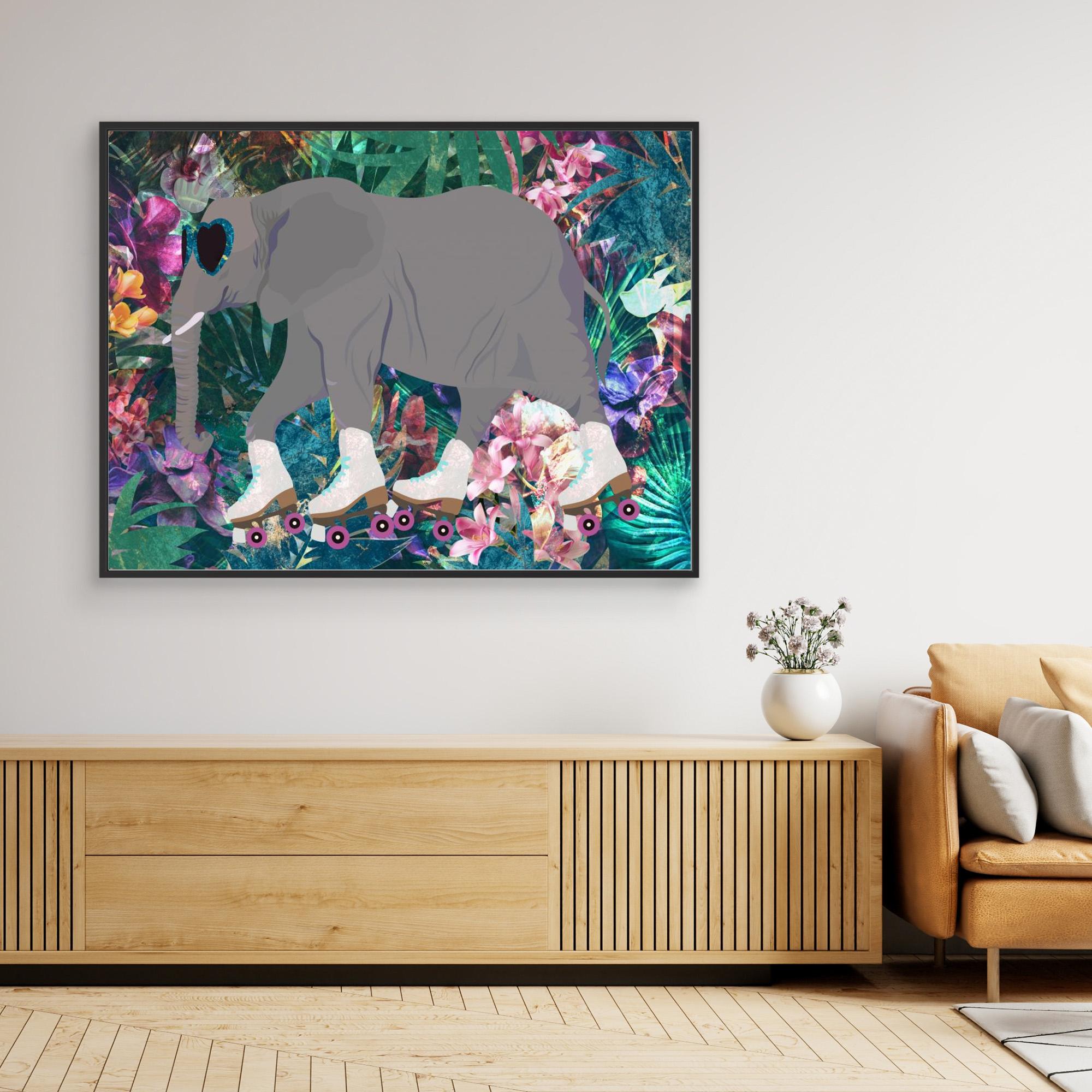 Elephant Rollerskating in the Jungle Canvas Print by Sarah Manovski - Unique Animal Art for Nursery, Kids Room & Skateboarder Decor
