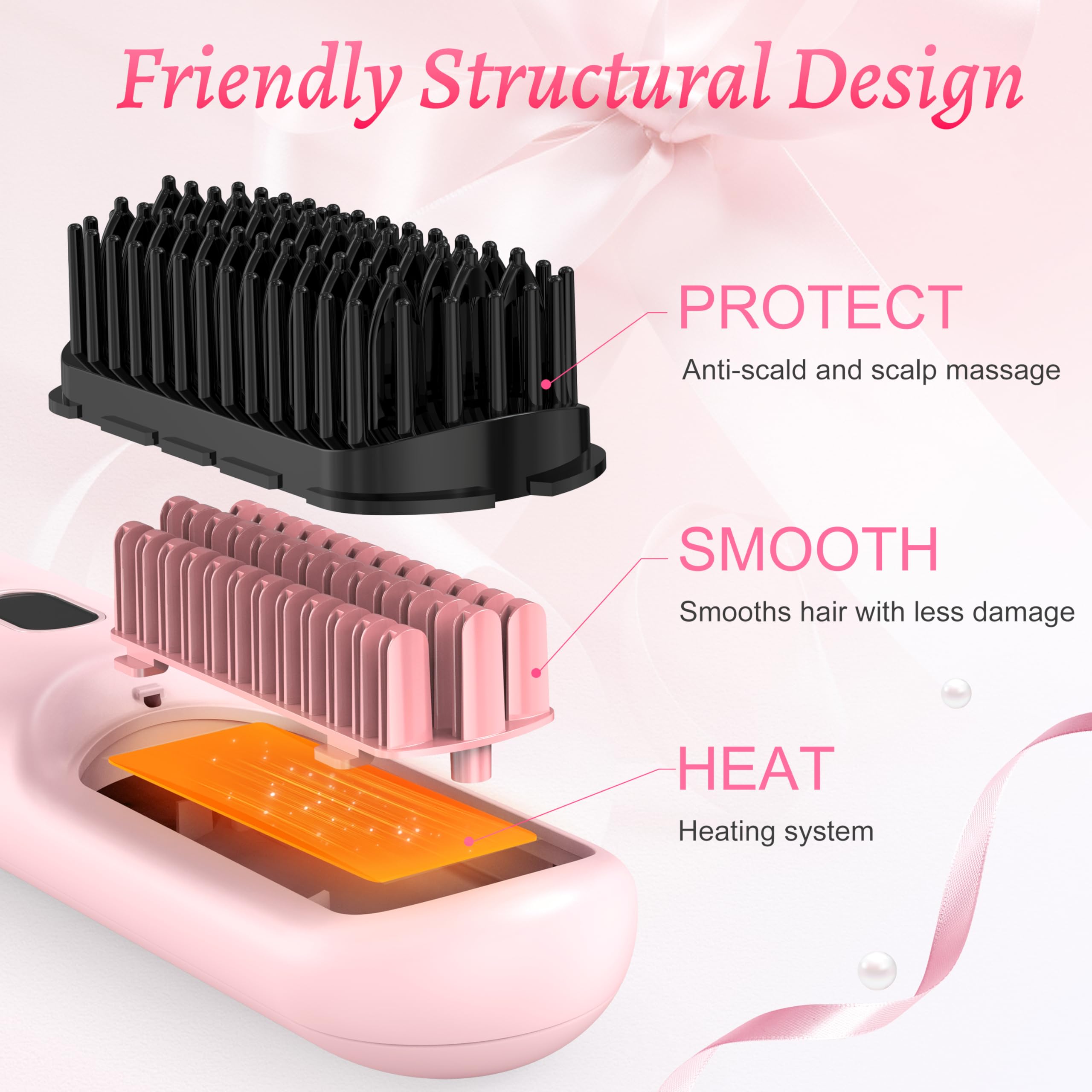 Cordless Hair Straightener Brush with LCD Temperature Display - Tourmaline Heated Styling Tool, 360° Heat Protection, Includes 2 Hair Clips & Travel Pouch | Perfect for Travel, Home & Salon Use - Pink