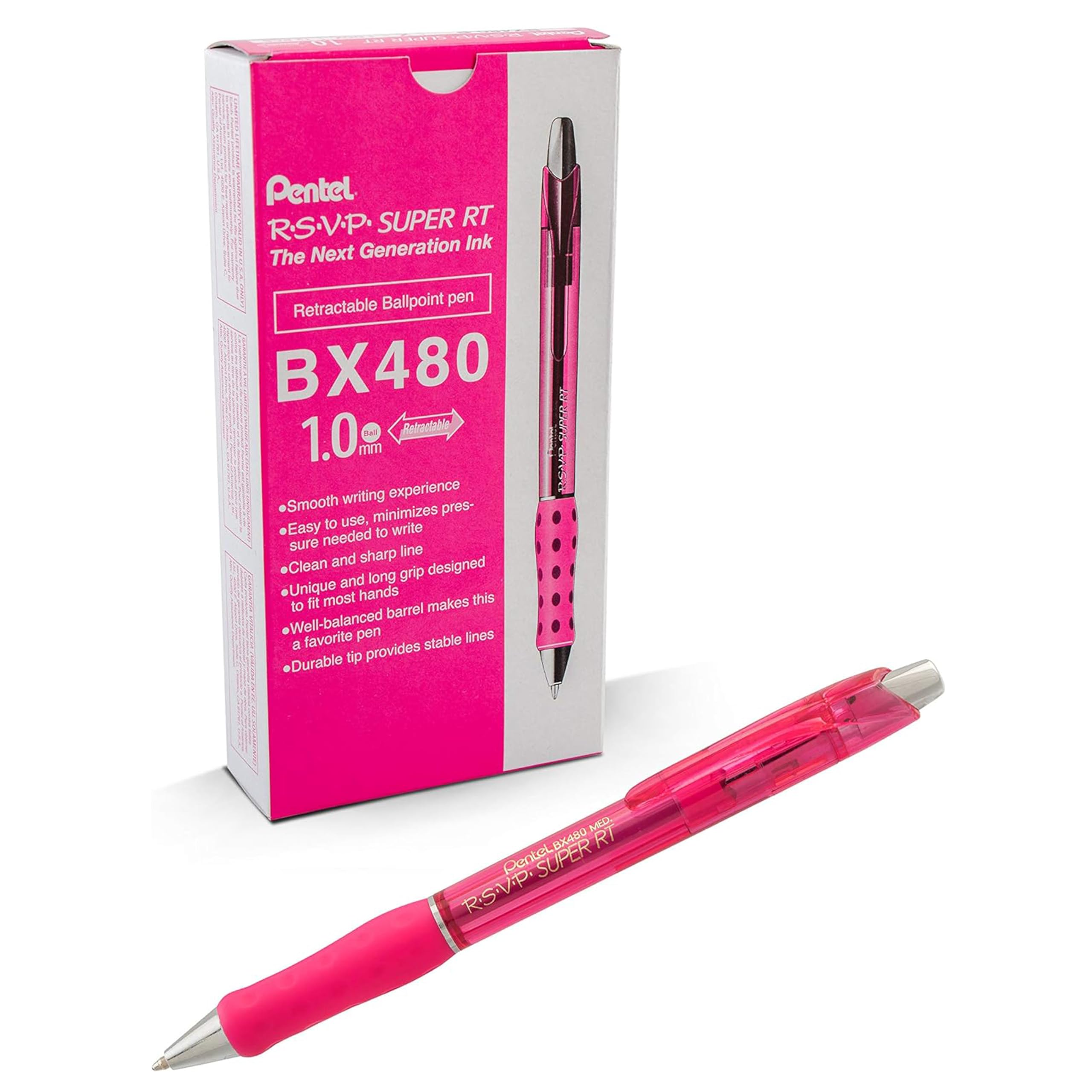 Pentel RSVP Super RT Ballpoint Pens - 1.0mm Medium Point, Smooth Writing Pink Ink, 12-Pack (BX480-P) - Perfect for Office, School & Everyday Use