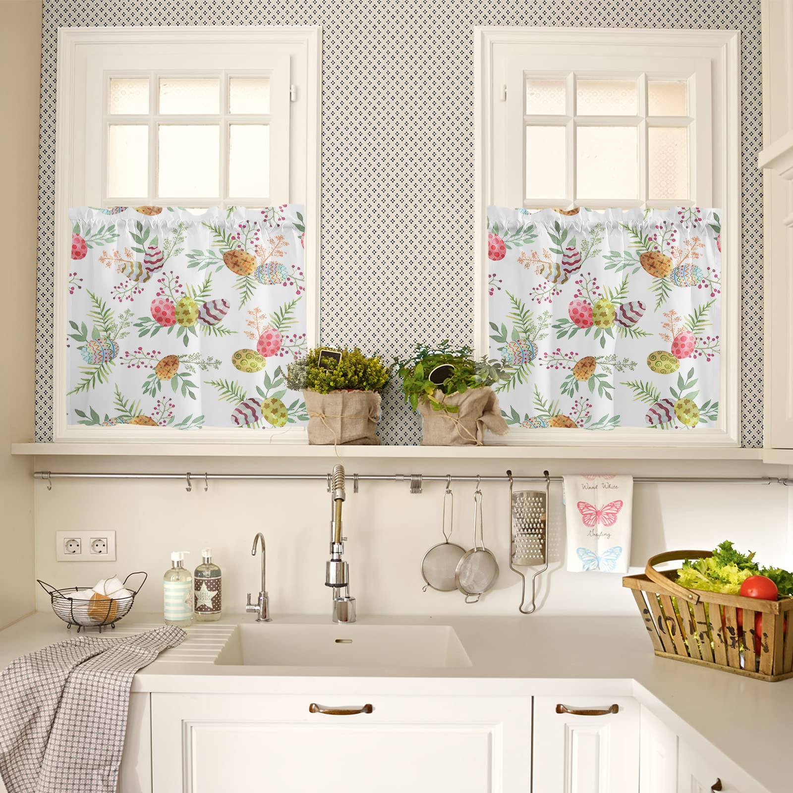 Rod Pocket Valance Curtains - Spring Watercolor Easter Eggs Design, 2 Panels Set for Kitchen & Bathroom Decor | Farmhouse Style Window Treatment for Living Room, Bedroom & Nursery | Light Filtering Short Curtains with Colorful Egg Art Pattern