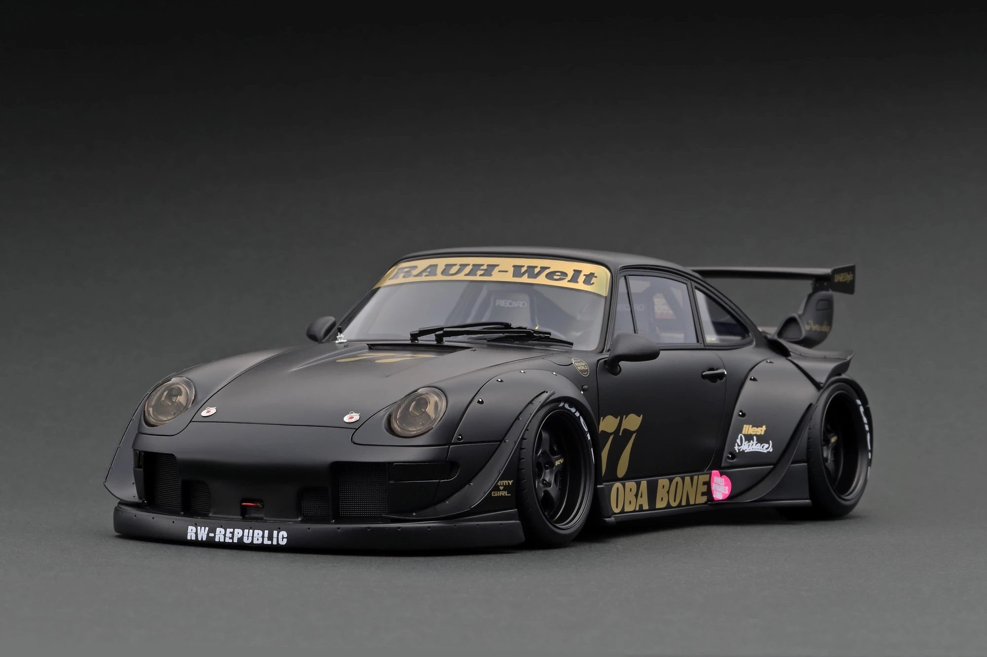 1:18 Scale Porsche 993 RWB Oba Bone Diecast Model Car - Matte Black Finish | Collectible Automotive Display Piece for Home/Office Decor & Car Enthusiast Gifts