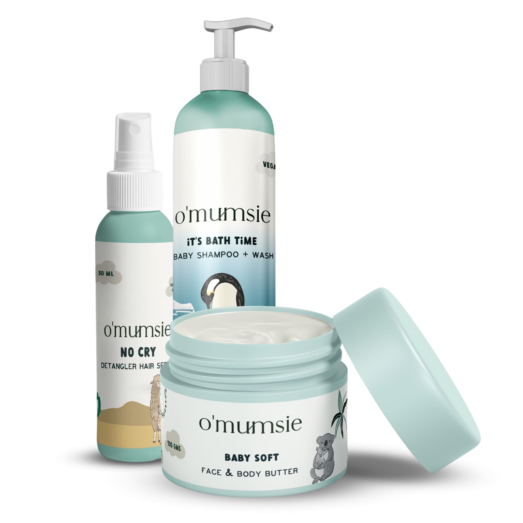 O'mumsie Baby Care Gift Set - Detangling Hair Serum (50ml), Nourishing Face & Body Butter (100g), Gentle Baby Wash & Shampoo (250ml) | Complete Newborn Skincare Kit in Beautiful Gift Box | Perfect for Baby Showers, Christenings & Daily Care Routines