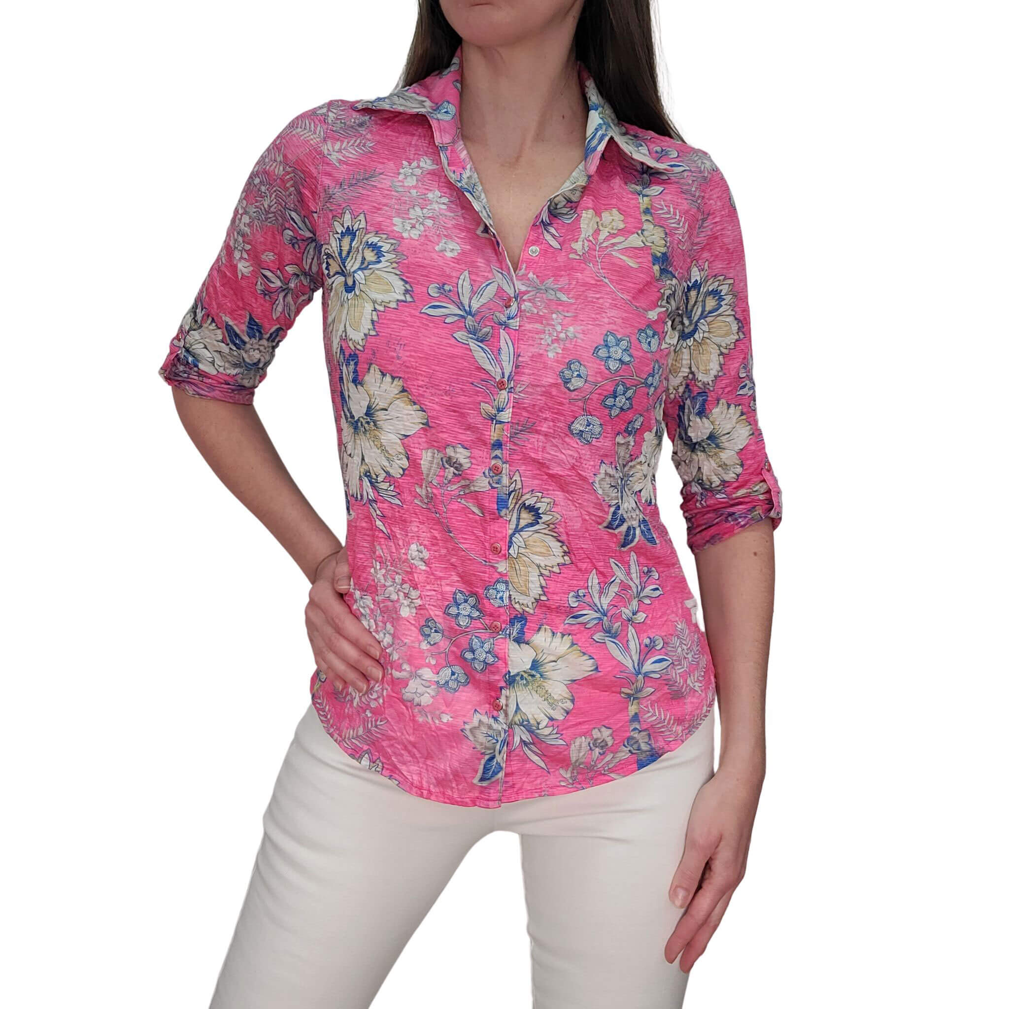 David Cline Women's Roll Up Sleeve Blouse - Azalea Floral Print Casual Shirt for Spring/Summer, Perfect for Office, Date Night & Weekend Outings