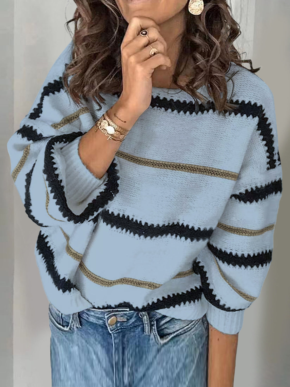 Stylish Contrast Striped Round Neck Long Sleeve Sweater for Women - Cozy Fall & Winter Fashion, Perfect for Office, Casual Outings and Date Nights