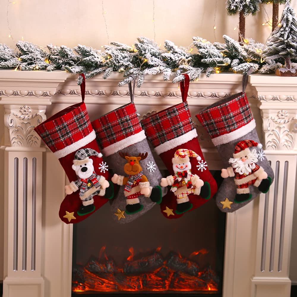 Kavolet 4-Pack Personalized Christmas Stockings - 16 Inch Large Holiday Hanging Socks for Family, Fireplace Decor - Snowflake Santa Snowman Reindeer Design - Perfect for Christmas Party & Home Decoration