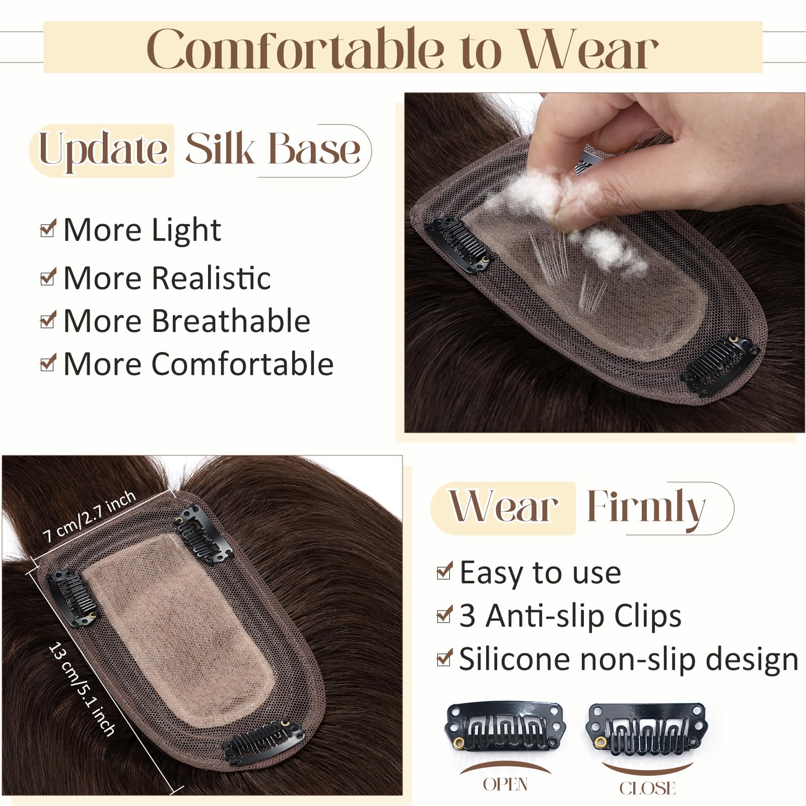100% Real Human Hair Toppers for Women - Clip-In Hair Piece with Bangs, Middle Part, Thinning Hair - Handmade Dark Brown #2, 16 Inch, 48g - Perfect for Daily Wear, Parties & Special Occasions