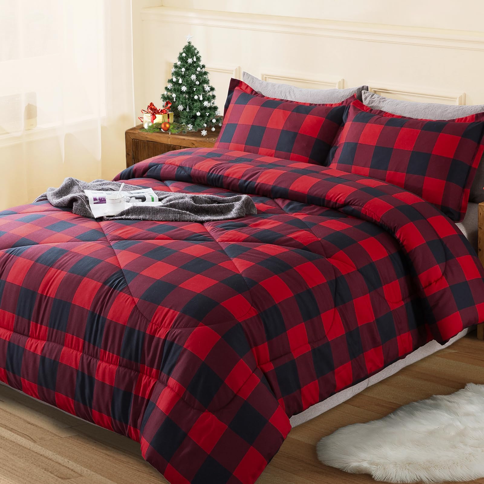 Red Burgundy Black Checkered Twin Comforter Set - 66x90 Inch Lightweight Microfiber Plaid Bedding with Pillowcase | Buffalo Check Geometric Grid Design for Cozy Bedroom Decor