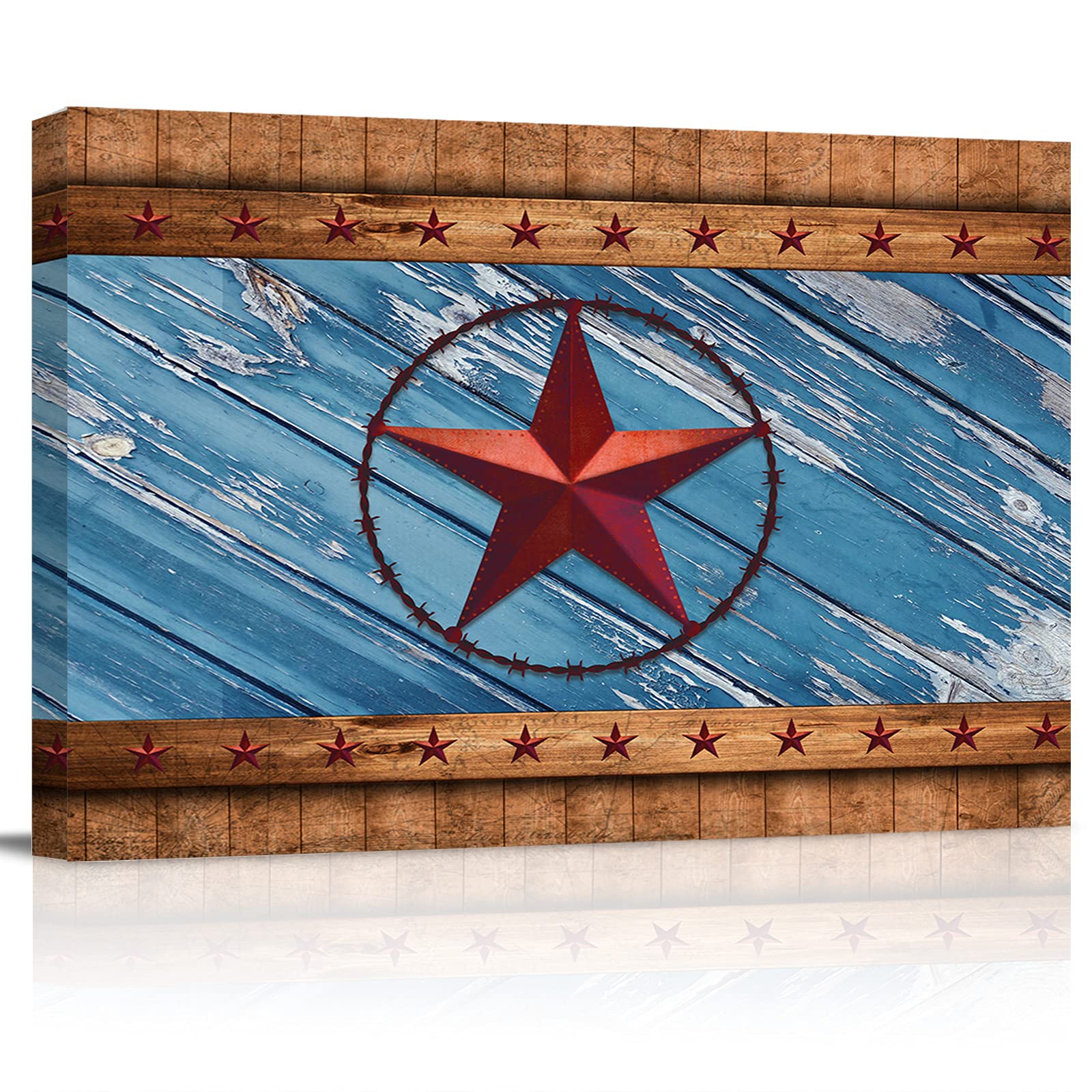 Western Texas Star Rustic Wooden Barn Canvas Wall Art - Cowboy Themed Framed Abstract Painting Print (20