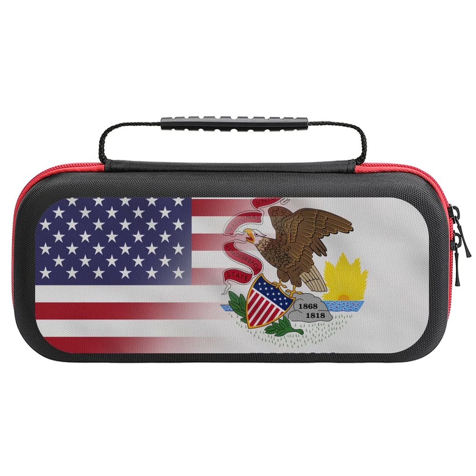 USA Flag & Illinois Nintendo Switch Carrying Case - Portable Travel Cover with 20 Game Card Slots - Perfect for Gaming On-The-Go & Travel Accessories