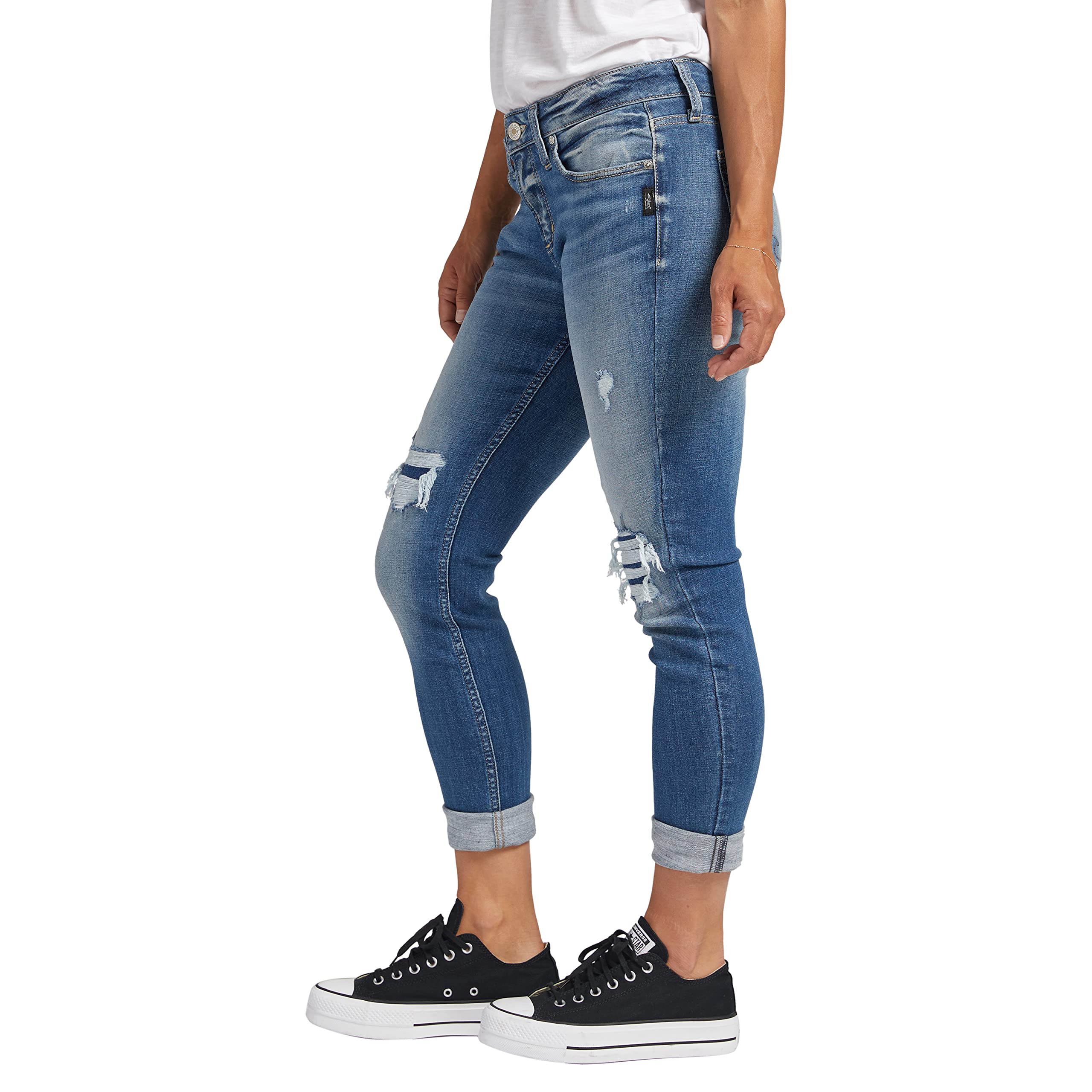 Silver Jeans Co. Women's Girlfriend Mid Rise Slim Leg Jeans - Comfortable Stretch Denim Pants for Casual Wear & Everyday Outfits
