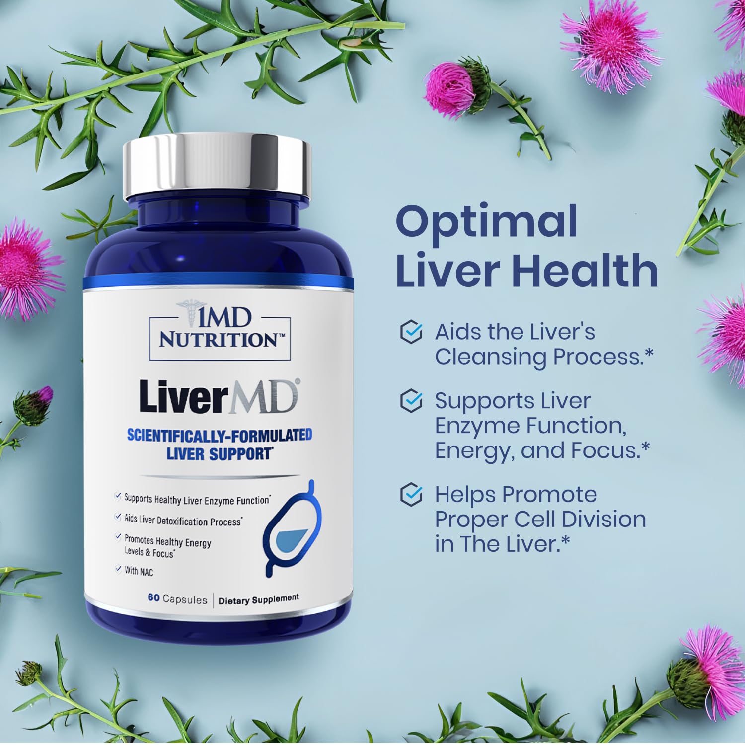 1MD LiverMD - Liver Support Supplement with Siliphos Milk Thistle Extract | Highly Bioavailable Liver Detox & Cleanse Formula | 60 Capsules (2-Pack) | Supports Liver Health for Alcohol Drinkers & Heavy Meals