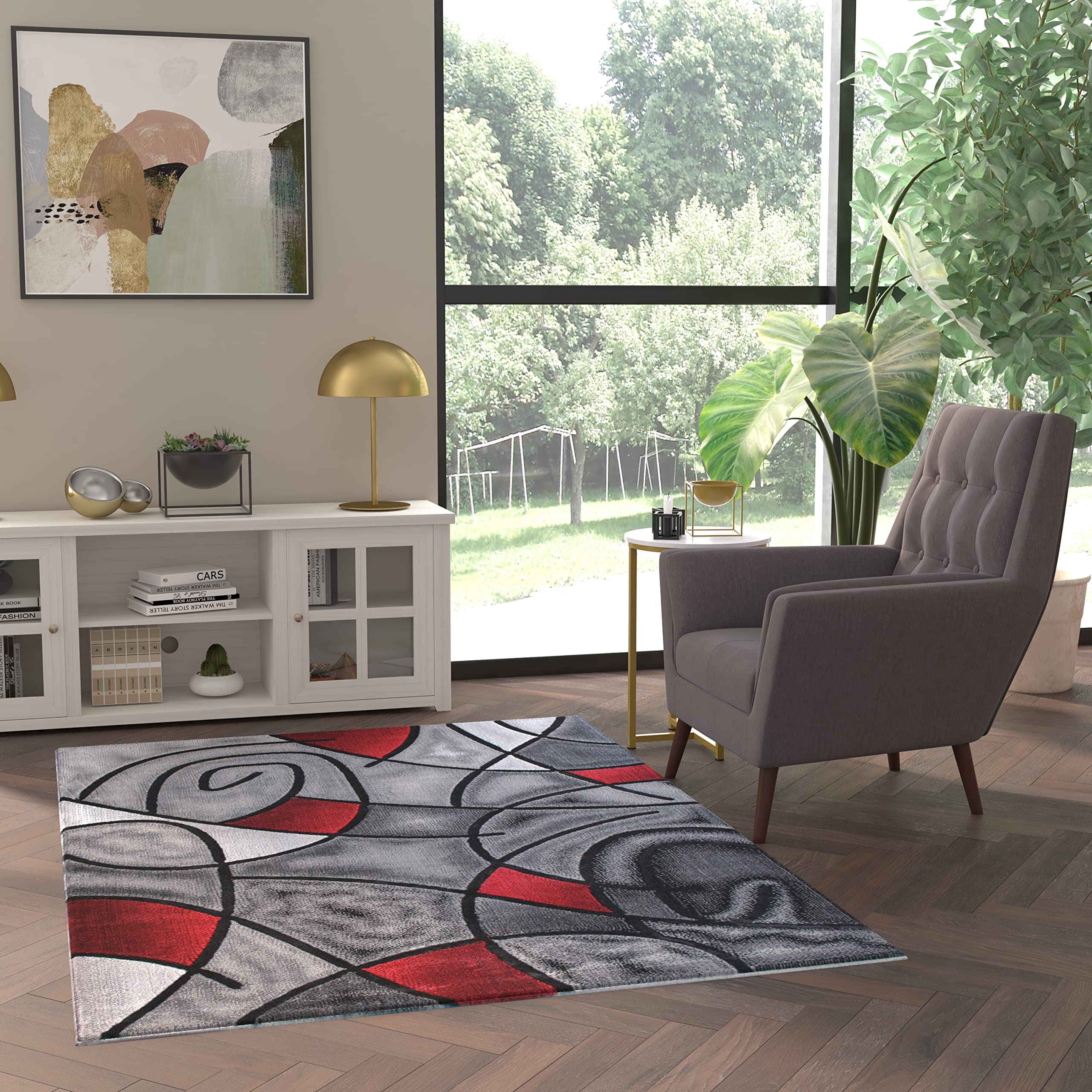 EMMA + OLIVER Urbane Round Plush Olefin Accent Rug - 5x7 Feet Abstract Geometric Pattern with Gradient Gray & Vibrant Blue - Moisture & Stain Resistant Indoor-Outdoor Rug for Living Room, Bedroom, or Office Decor