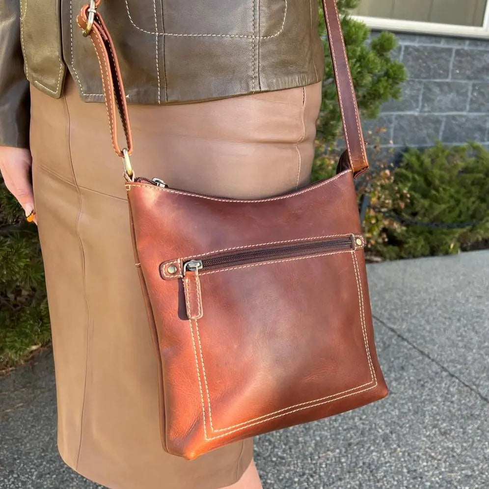 Durable Full Grain Leather Small Crossbody Bag with Front Zipper - Perfect for Travel, Shopping & Everyday Use