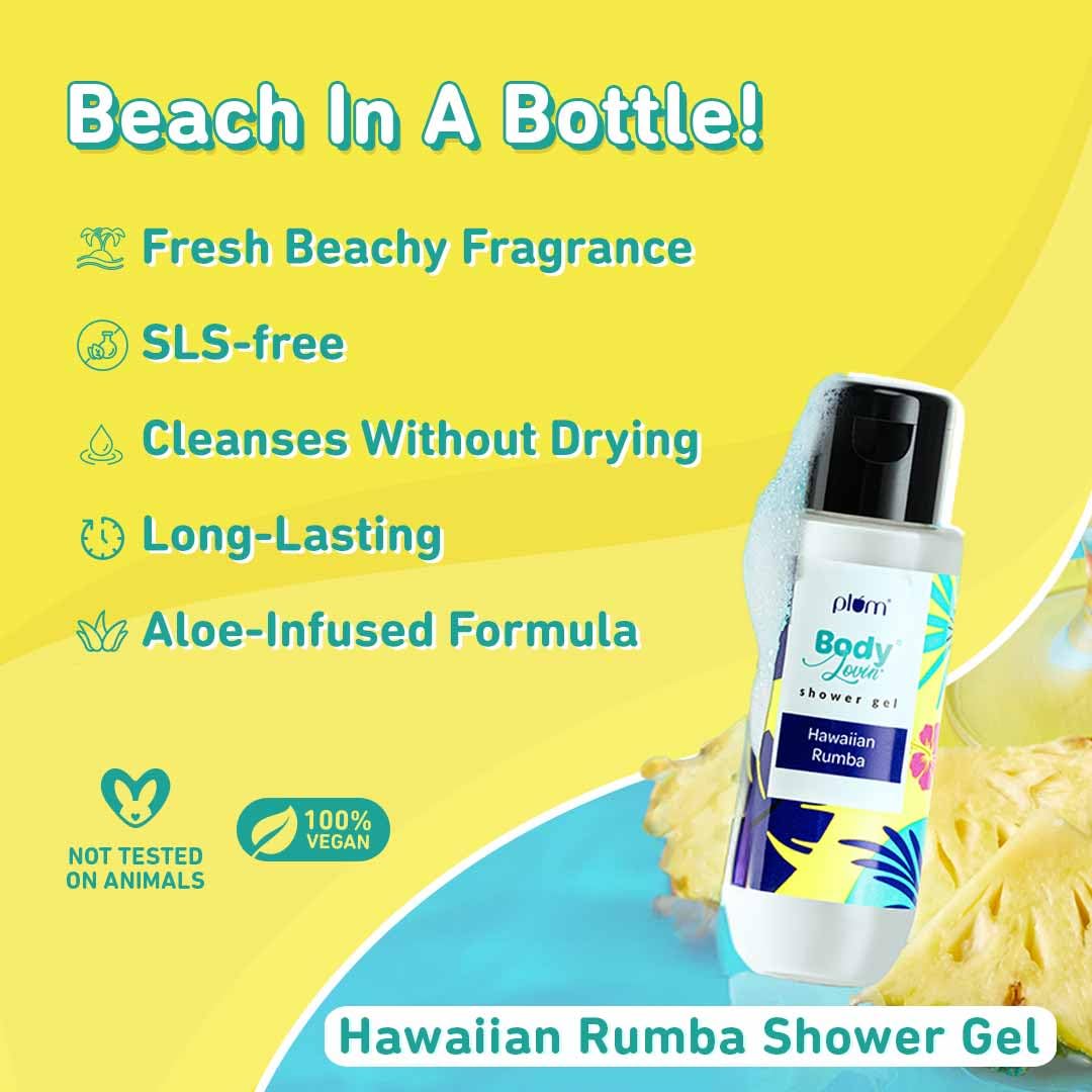 Plum Unisex Head to Toe Travel Kit with Hawaiian Rumba Shower Gel, Coconut Milk & Peptides Shampoo, Vanilla Caramello Body Lotion | Personal Care Set for Travel, Gym, Camping & Vacation Essentials