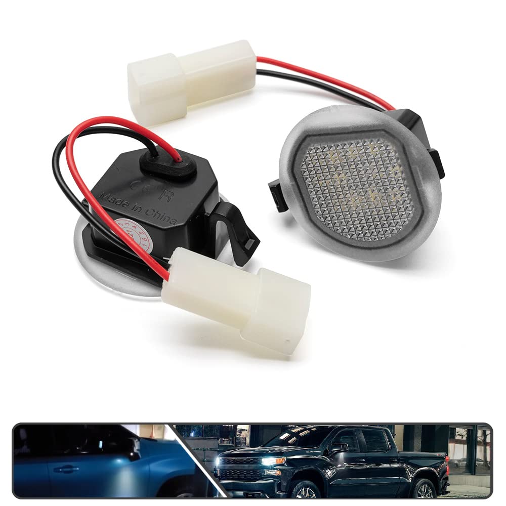 2Pcs White LED Under Side Mirror Puddle Light Lamps for Chevy Silverado GMC Sierra Yukon Escalade - Waterproof Durable Xenon White Lights - Perfect for Night Driving & Enhanced Vehicle Safety