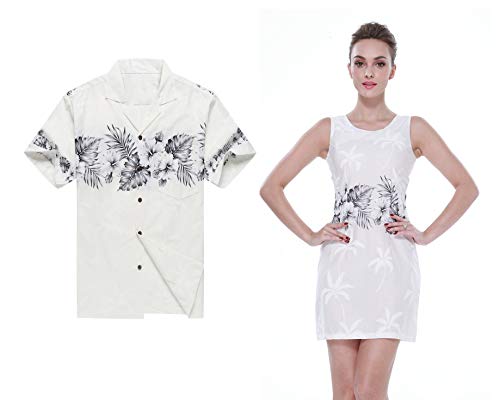 Hawaiian Couple Matching Luau Aloha Shirt & Tank Dress Set - Cross White Grey Print - Tropical Vacation Outfits for Beach Party, Summer Date Night and Hawaiian Theme Events