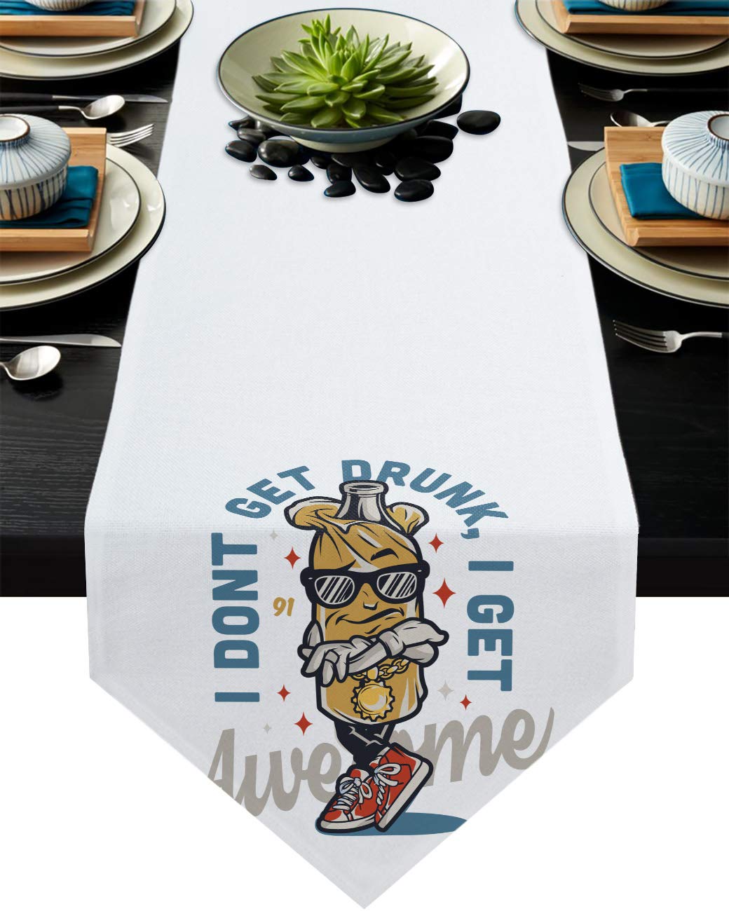 Trendy Linen Burlap Table Runner - Funny Beer Bottle Design for Dining & Party Decor