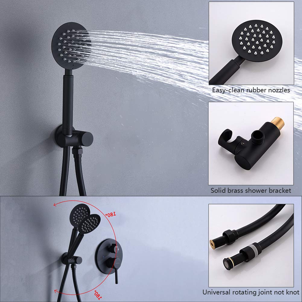 Black Wall Mount Bathtub Shower System - 3 Function Tub & Shower Trim Kit with 12 Inch Rain Shower Head, Handheld Spray & Tub Spout - Includes Rough-in Valve for Easy Installation - Perfect for Bathroom Renovation & Modern Home Spa Experience