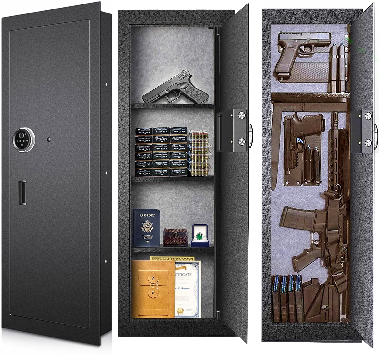 Langger Biometric Wall Safe - Hidden Fingerprint Security Safe Between Studs, Large Black Wall Vault for Cash, Jewelry & Documents | Perfect for Home, Office & Bedroom Security