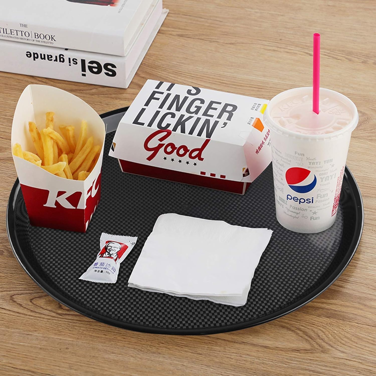 InnMart 16 Inch Round Plastic Fast Food Serving Trays - Pack of 8 | Durable Cafeteria Tray Platters for Restaurants, School Lunch, Buffet & Catering Events | BPA-Free & Dishwasher Safe
