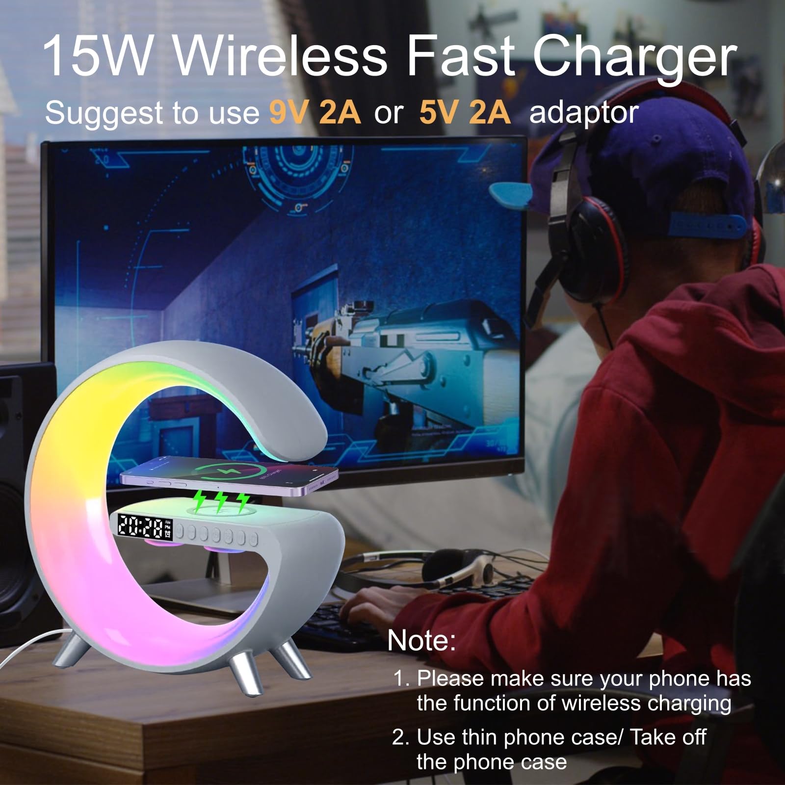 Wireless Charging Table Lamp with White Noise & Bluetooth Speaker - Smart Night Light with Alarm Clock, App Control for Bedroom & Office - Perfect for Relaxation, Sleep Aid & Ambient Lighting (Large G NH-69)