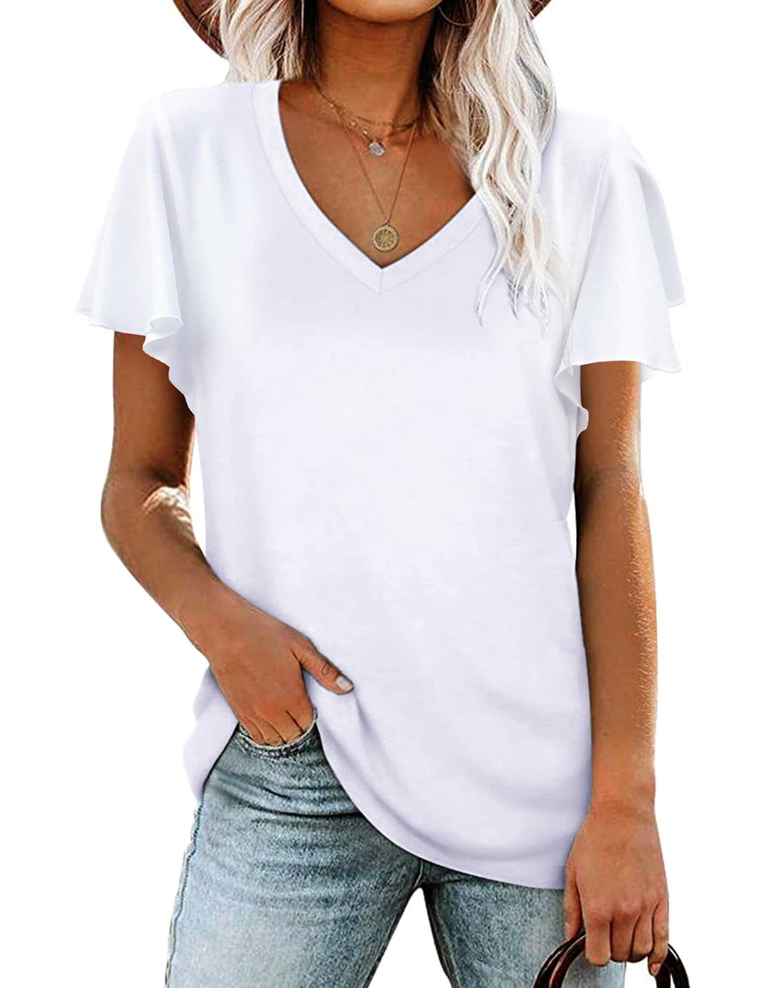 BESFLY Women's Summer V-Neck T-Shirt - Casual Puff Sleeve Long Tunic Blouse for Work & Weekend | Breathable Comfort Top for Office, Date Night & Outdoor Activities