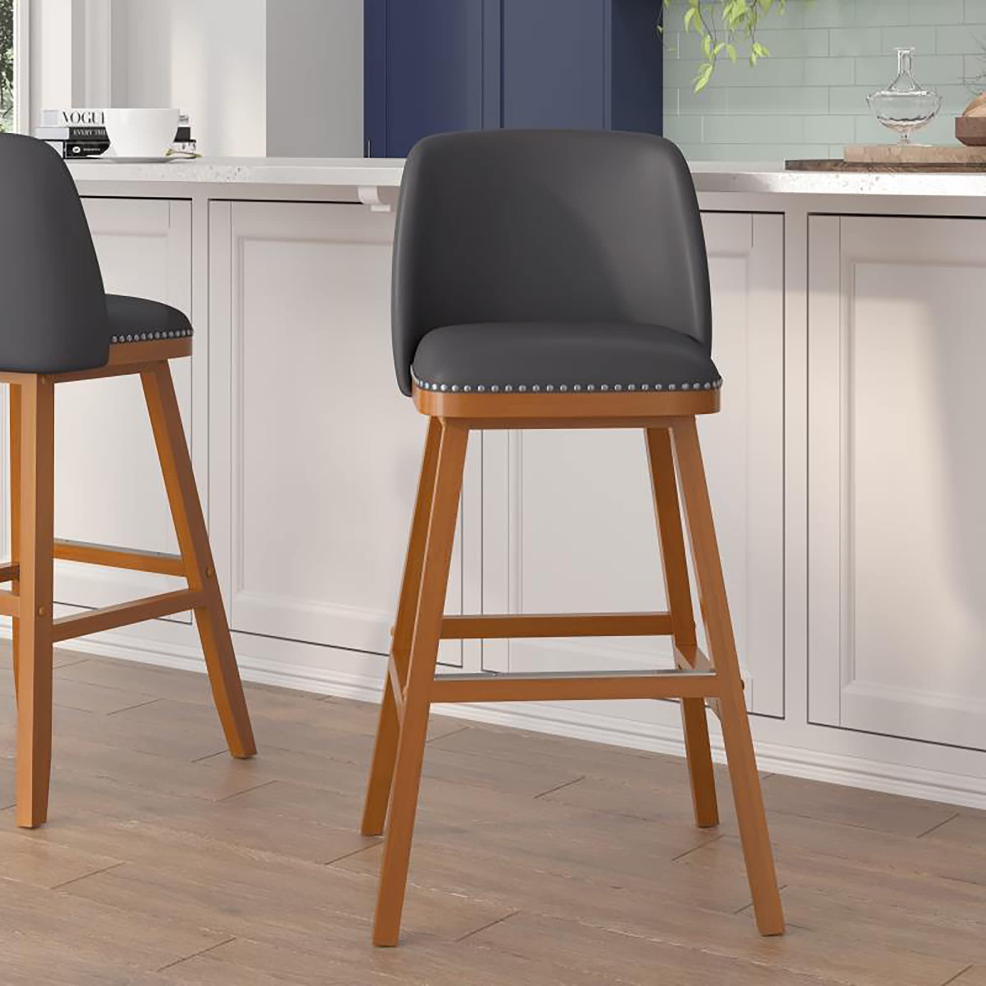 Flash Furniture Julia Set of 2 Transitional Counter Stools - Gray LeatherSoft Upholstered Bar Stools with Silver Nailhead Trim - 30 Inch Height - Walnut Finish Wood Frames - Perfect for Kitchen Islands, Breakfast Bars and Home Bars