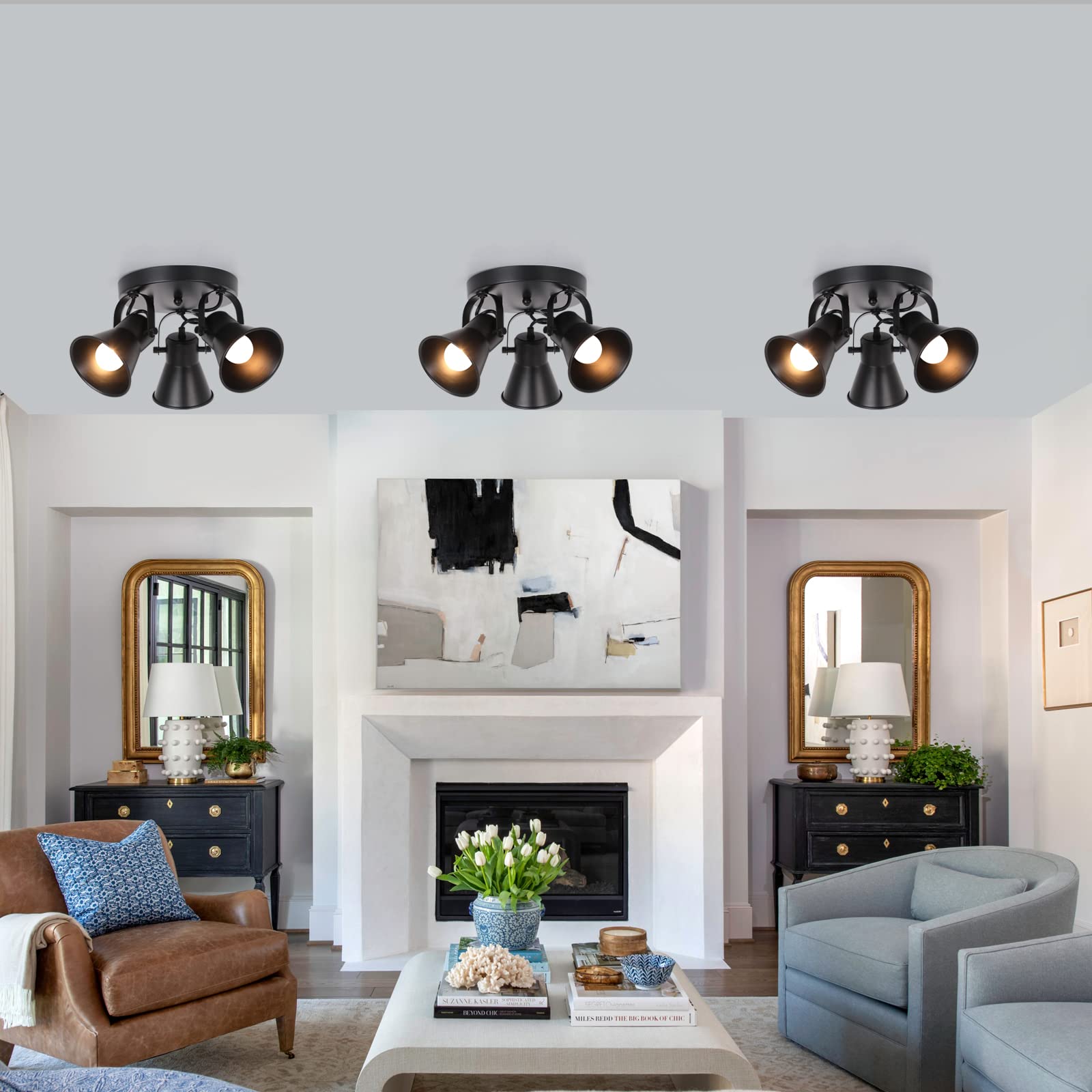 SEEBLEN 3-Light Adjustable Black Industrial Track Lighting - Modern Round Flush Mount Ceiling Light for Kitchen, Dining Room, Bathroom, Hallway & Coffee Bar - Perfect for Task Lighting and Ambient Illumination