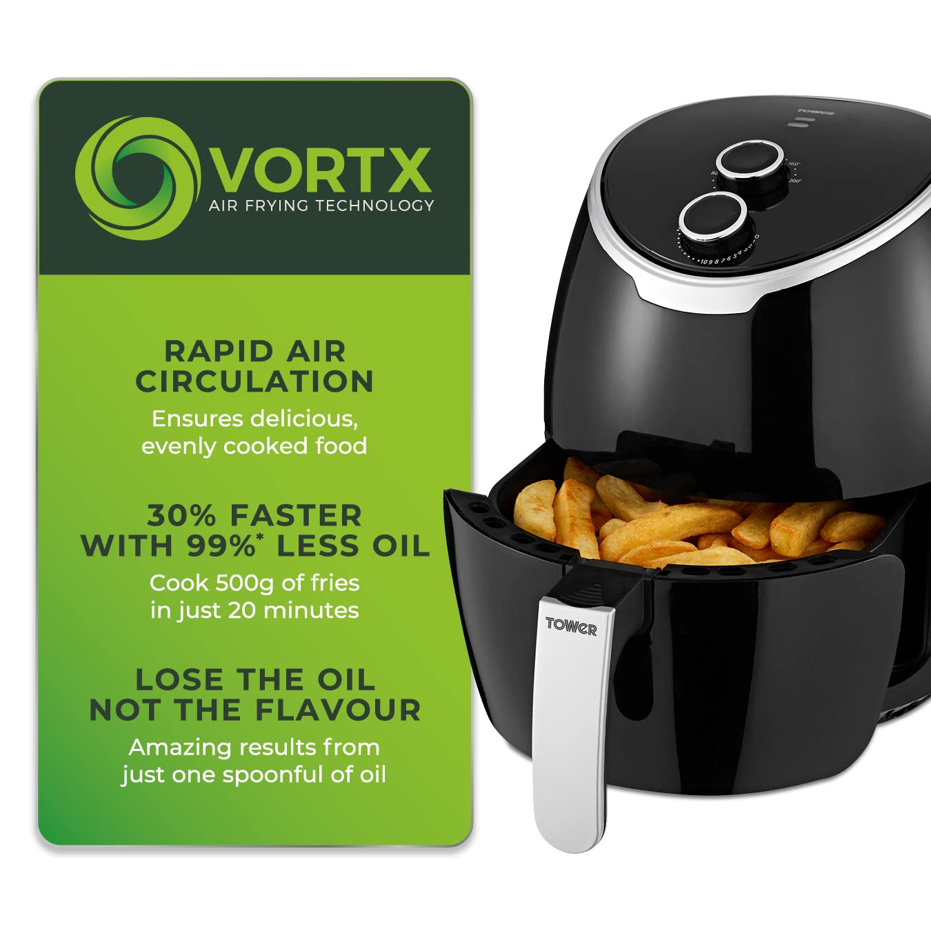 Vortexx T17061BLK Manual Air Fryer 4L Capacity - 1400W Rapid Air Circulation, 30-Min Timer - Black | Healthy Oil-Free Cooking for Family Meals, Snacks & Party Foods