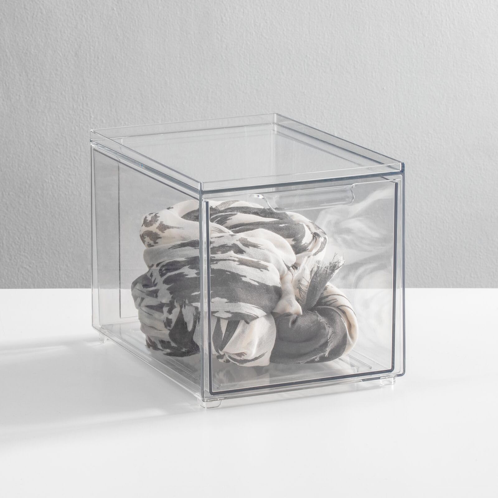 mDesign Clear Plastic Stackable Closet Storage Organizer with Pull-Out Bins - 4 Pack for Cabinet, Desk, Shelf & Cupboard Organization - Lumiere Collection | Space-Saving Solution for Bedroom, Bathroom & Office Clutter