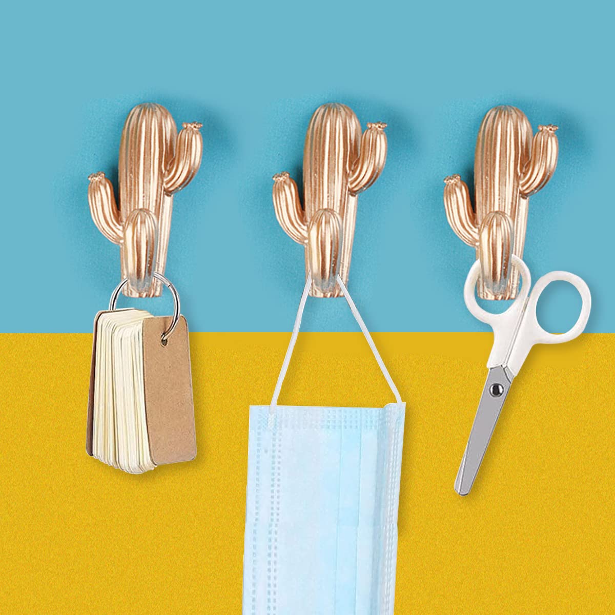 Cute Cactus Shaped Wall Hooks - Double Sided Adhesive Key Holder for Home & Apartment Entryway - Gold Decorative Wall Hooks (3 Pack) - Perfect for Hanging Keys, Purses, Coats & Home Organization
