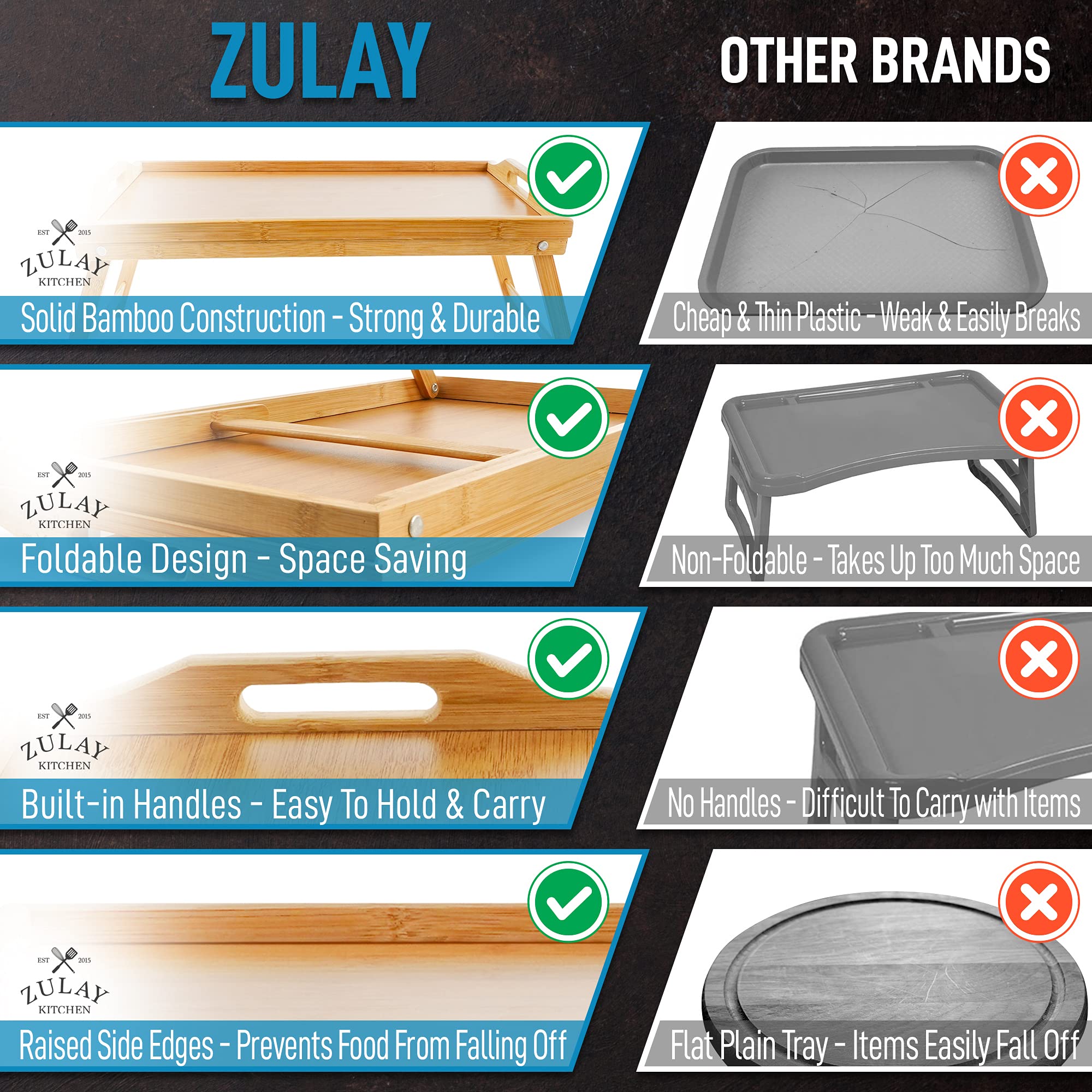 Zulay Premium Bamboo Breakfast Tray with Folding Legs - Adjustable Bed Table for Eating, Working & Relaxing - Multi-Functional Serving Tray for Breakfast in Bed, Laptop Desk, Snack Tray & Home Office Use