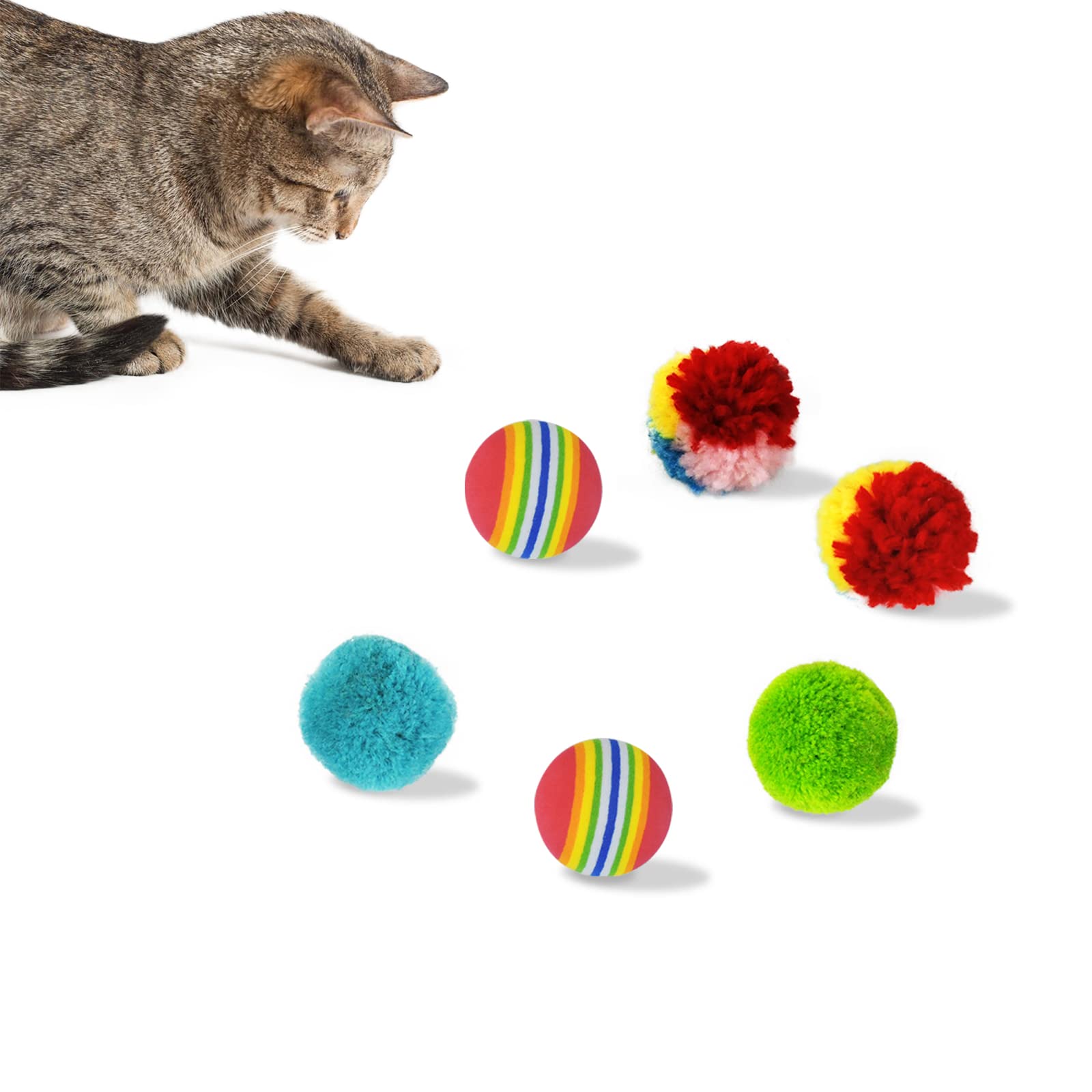 Andiker Cat Balls Toy Set - 6pcs Mini Interactive Cat Toys (2 Colorful EVA Foam Balls, 2 Plush Balls, 2 Yard Balls) - Lightweight Chew & Chase Toys for Indoor Cats to Stay Active - Perfect for Playtime, Exercise and Mental Stimulation
