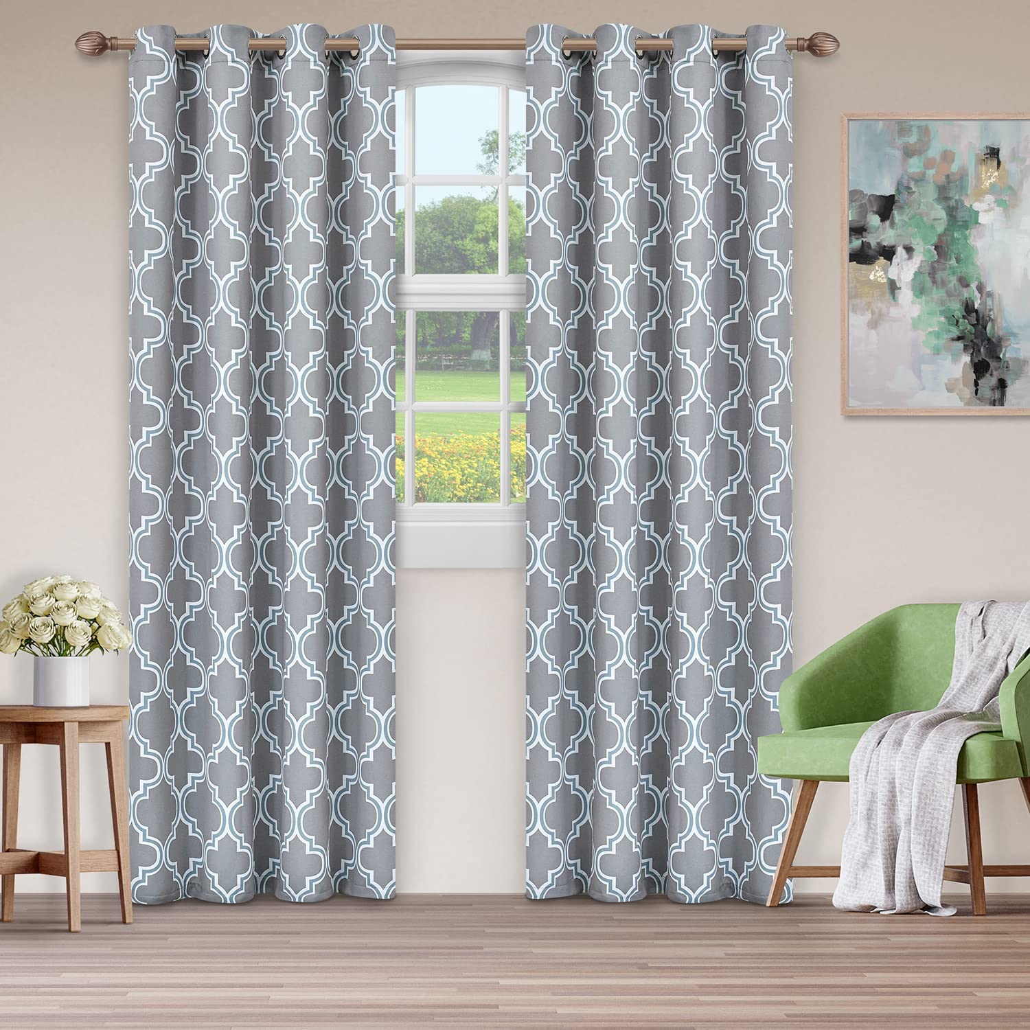 Bohemian Trellis Printed Blackout Grommet Curtain Panel Set - 2 Panels, 84 Inch Length, Room Darkening Window Drapes for Living Room & Bedroom