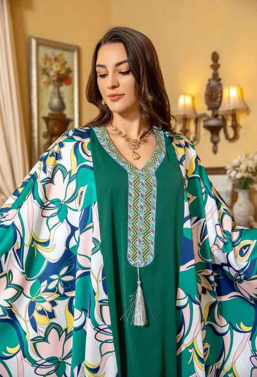 Elegant Eid Dress with Batwing Sleeves & Rhinestone Embellishments - Farasha Caftan Kaftan Jalabiya Dress for Women | Perfect for Eid Celebrations, Weddings & Special Occasions