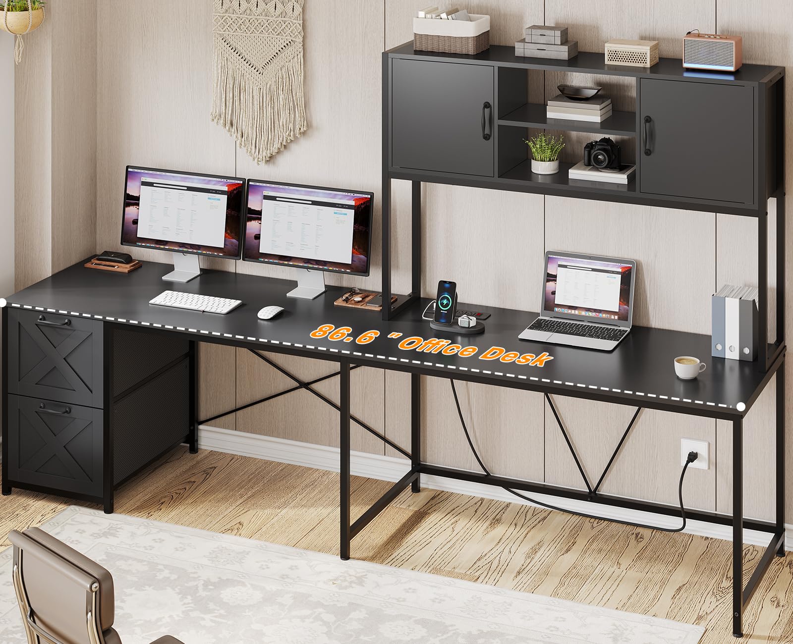 SEDETA Reversible L-Shaped Corner Computer Desk with Fabric Drawers, Power Outlet & LED Lights - Gaming Desk with Hutch & Storage Shelf for Home Office, Study, or Small Space (Black) - Perfect for Work, Gaming & Remote Learning