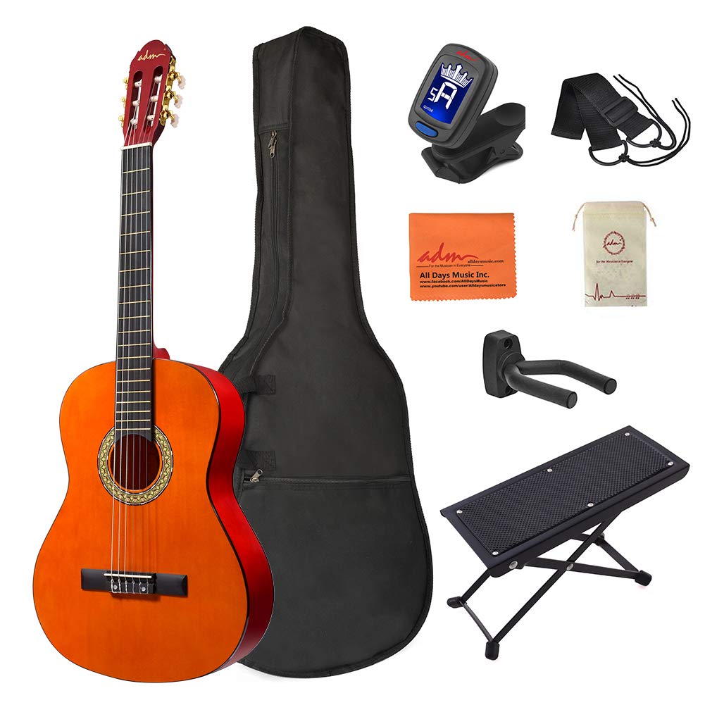 ADM 39 Inch Full Size Classical Acoustic Guitar with Nylon Strings - Adult & Beginner Starter Kit Includes Free Lessons, Gig Bag, Electronic Tuner, Footstool - Perfect for Home Practice, Music Classes & Student Performances (Orange)