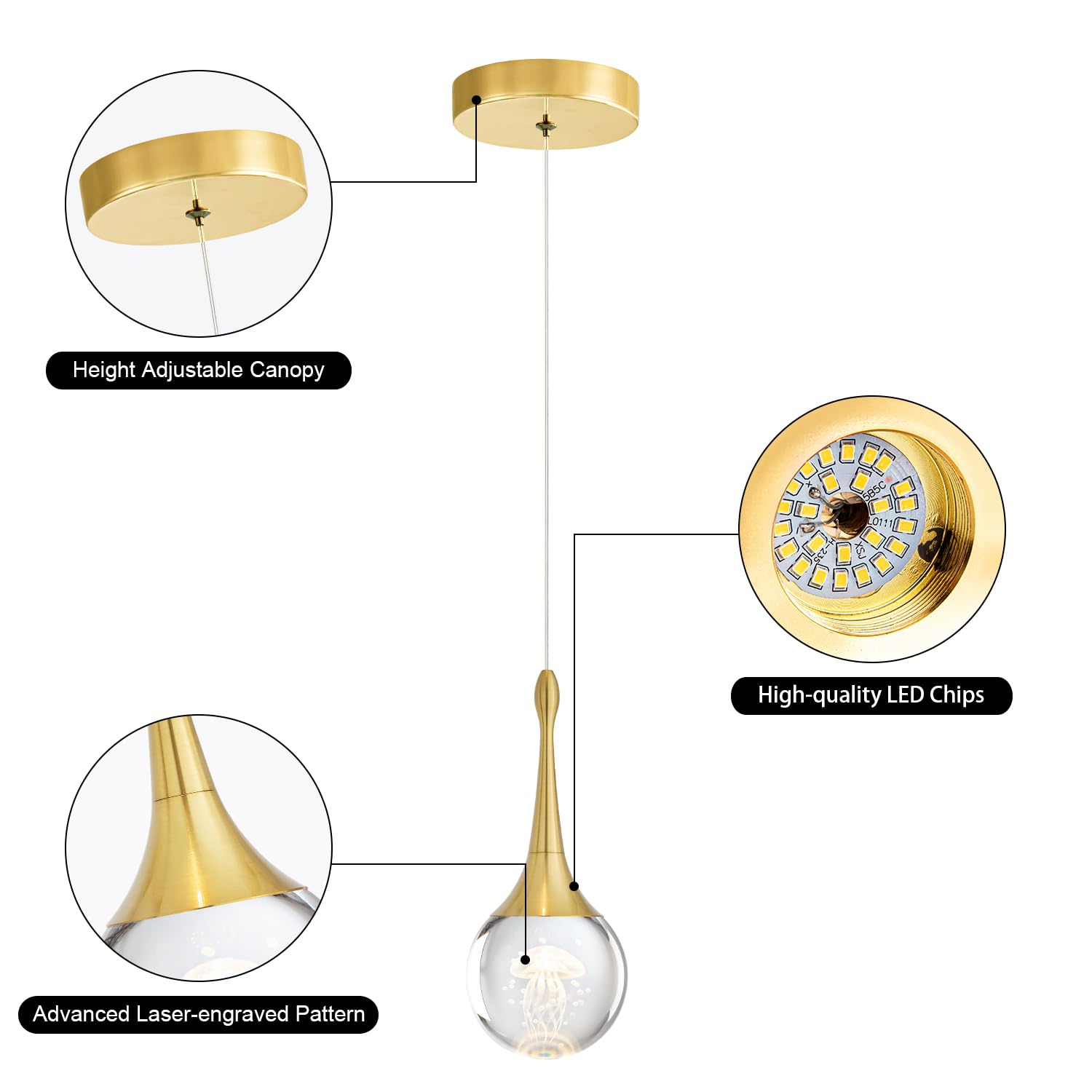 CHYING Mini LED Crystal Teardrop Pendant Light - 3000K Warm White Gold Hanging Ceiling Light for Kitchen Island, Bathroom, Dining Room & Bar - Elegant Globe Jellyfish Lighting for Modern Home Decor