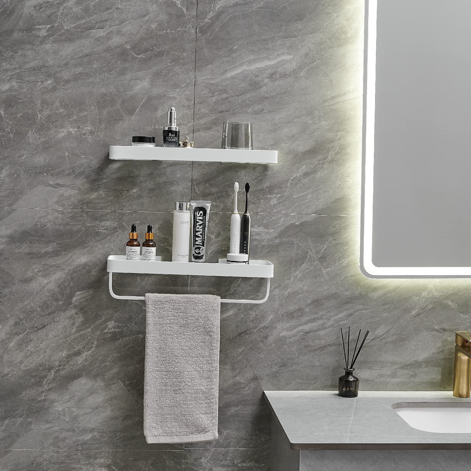 VOLPONE 2-Tier Wall Mounted Bathroom Shelves - Tempered Glass Floating Shelf for Shower, Toiletries & Organizer - White - Perfect for Small Bathrooms & Modern Home Decor